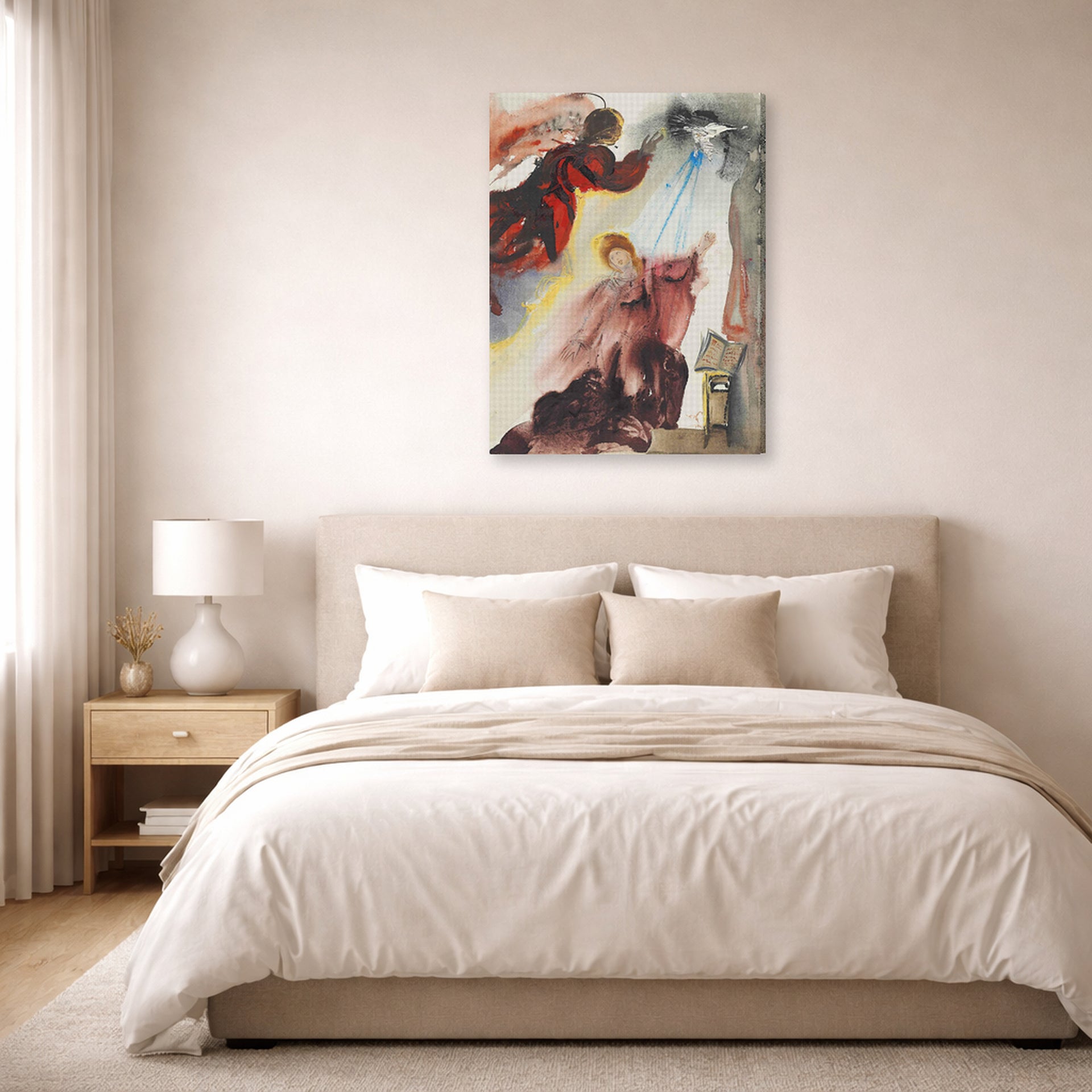 Gallery-wrapped canvas print of Salvador Dali's Annunciation of the Angel Gabriel displayed on a wall in a bedroom