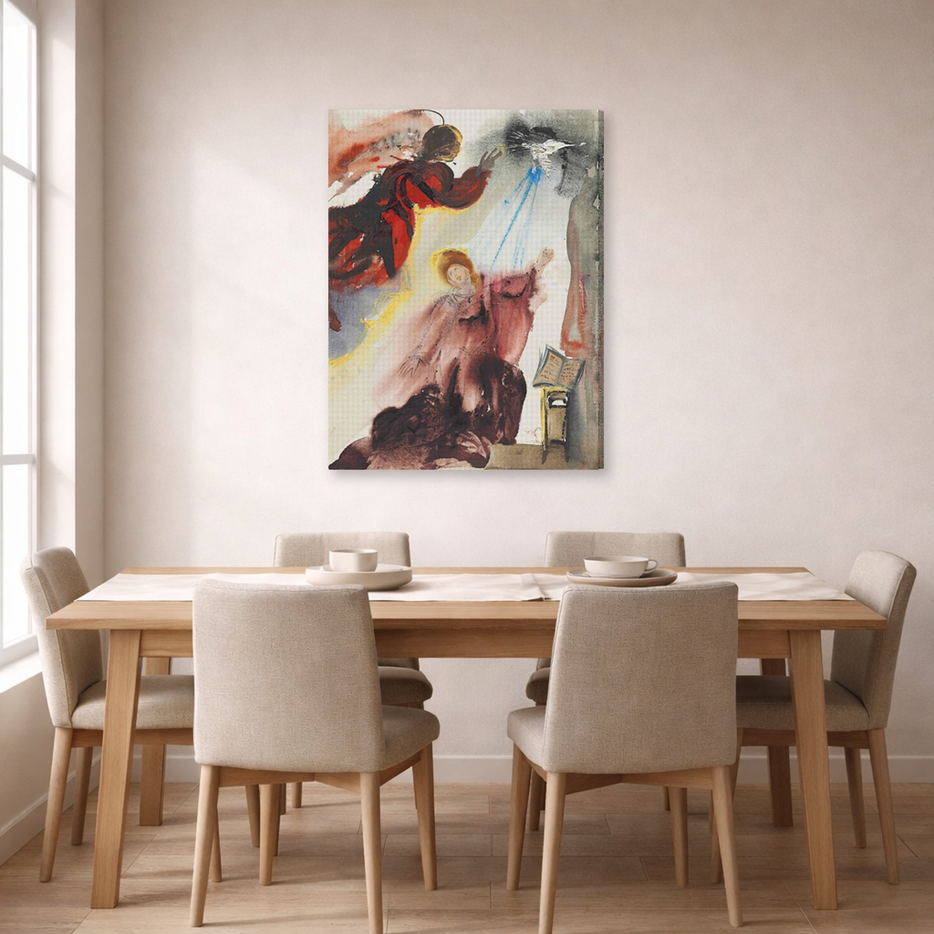 Gallery-wrapped canvas print of Salvador Dali's Annunciation of the Angel Gabriel displayed on a wall in a dining room