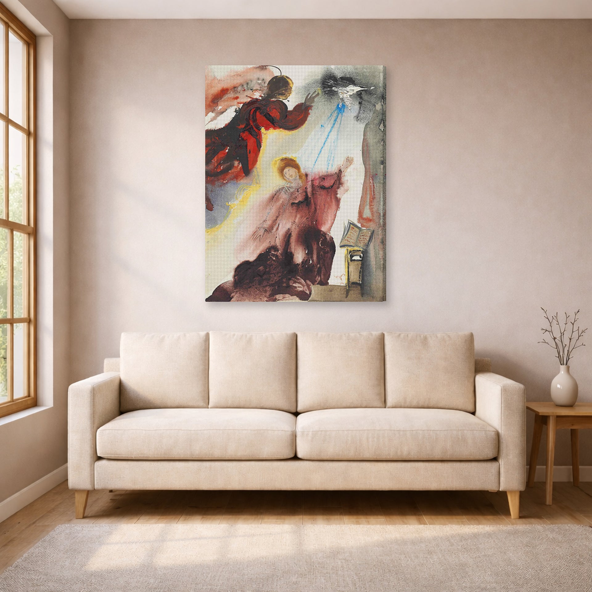 Gallery-wrapped canvas print of Salvador Dali's Annunciation of the Angel Gabriel displayed on a wall in a living room