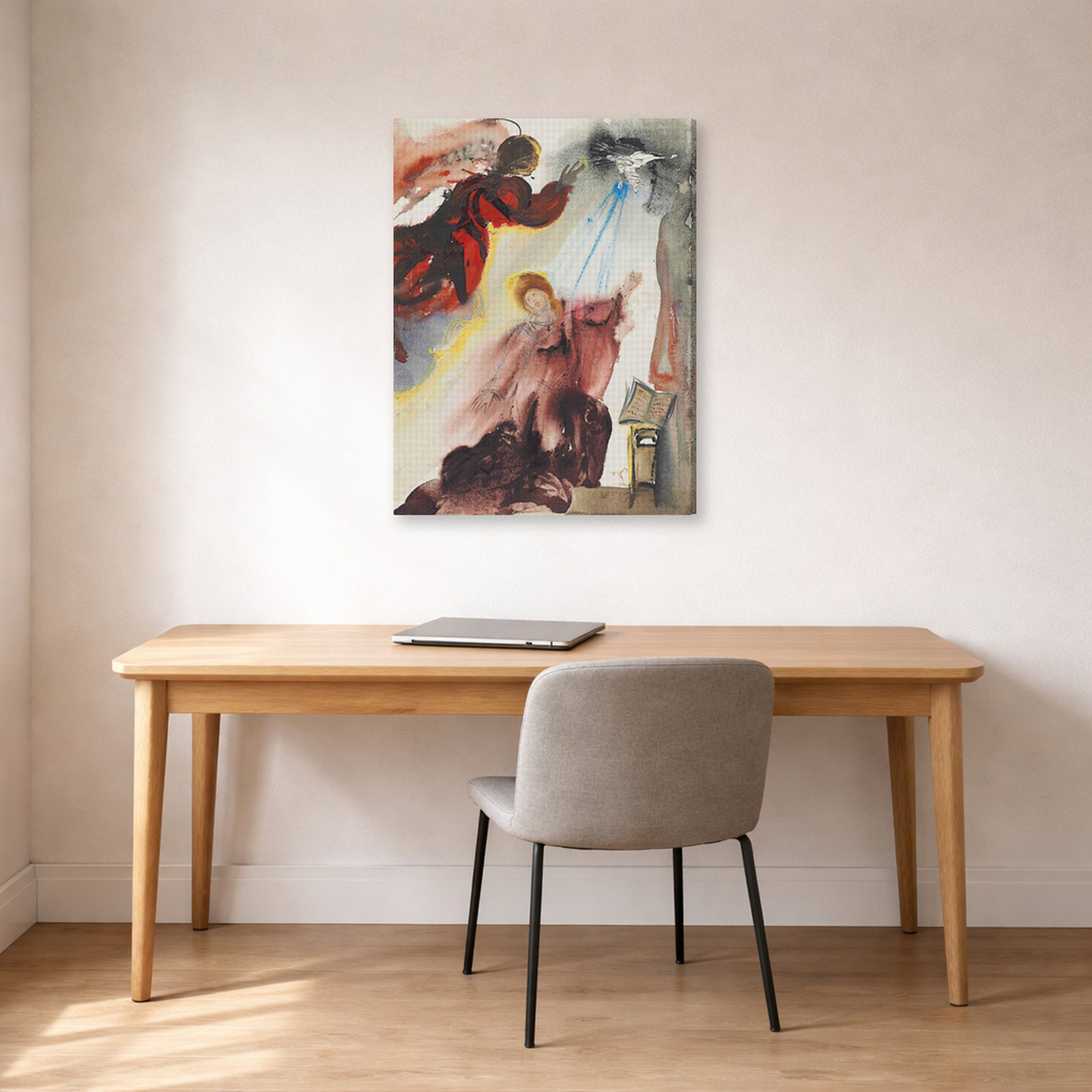 Gallery-wrapped canvas print of Salvador Dali's Annunciation of the Angel Gabriel displayed on a wall in a office