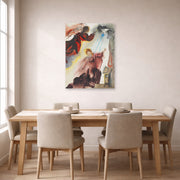 Unframed poster print of Salvador Dali's Annunciation of the Angel Gabriel displayed on a wall in a dining room