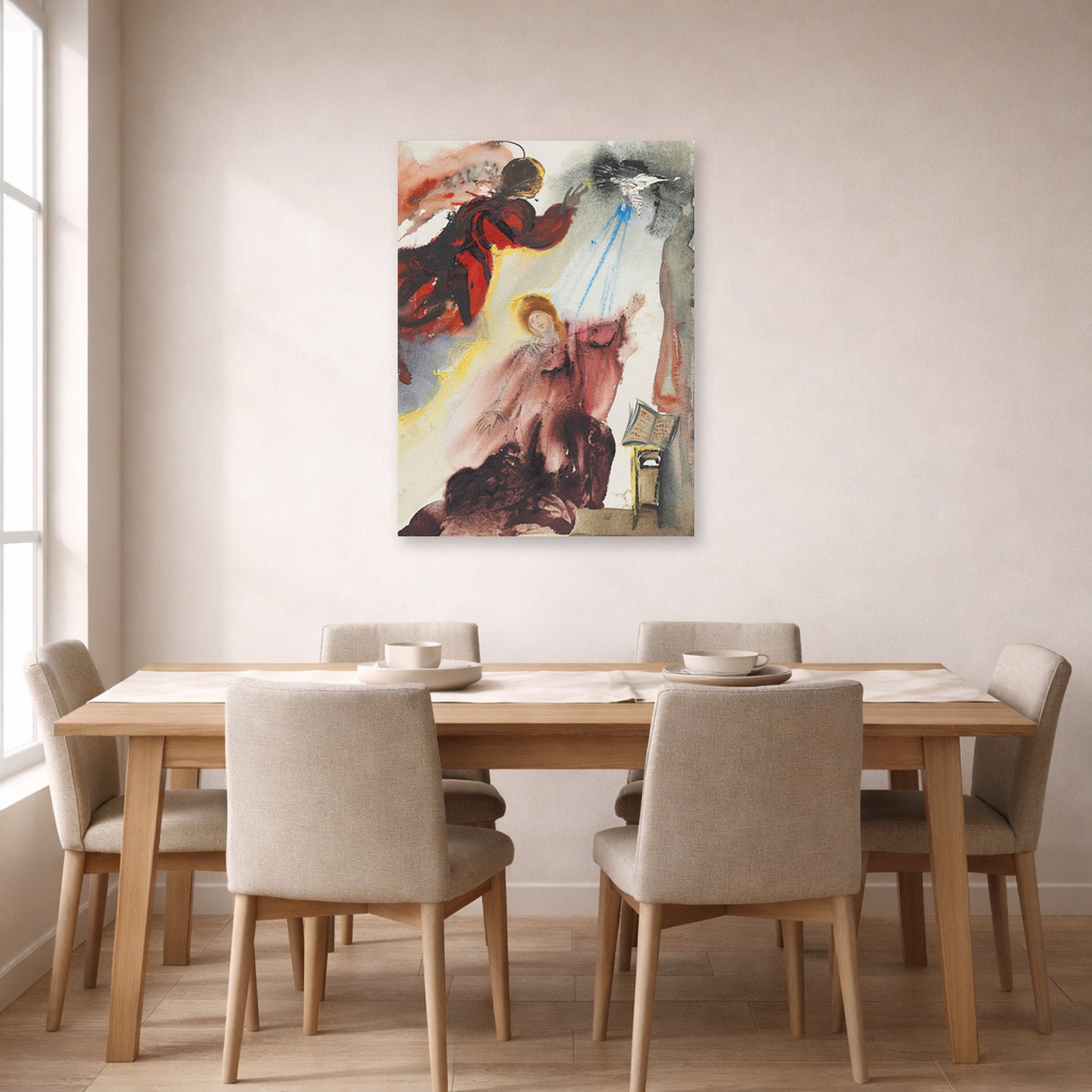 Unframed poster print of Salvador Dali's Annunciation of the Angel Gabriel displayed on a wall in a dining room