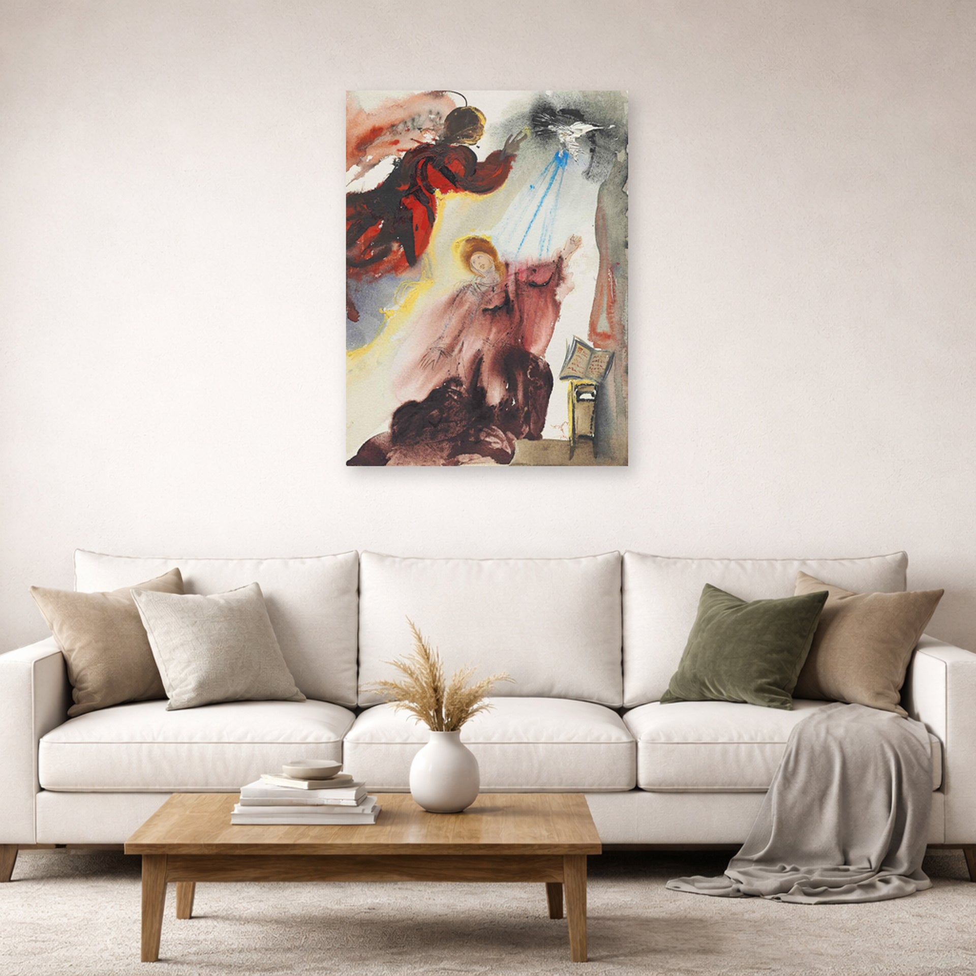 Unframed poster print of Salvador Dali's Annunciation of the Angel Gabriel displayed on a wall in a living room