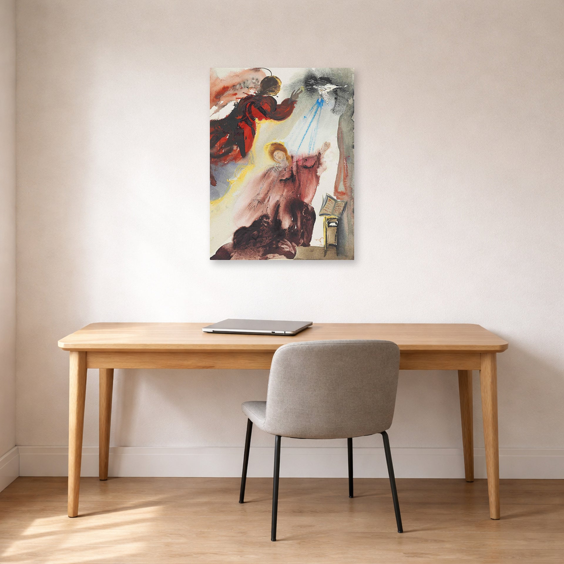 Unframed poster print of Salvador Dali's Annunciation of the Angel Gabriel displayed on a wall in a office