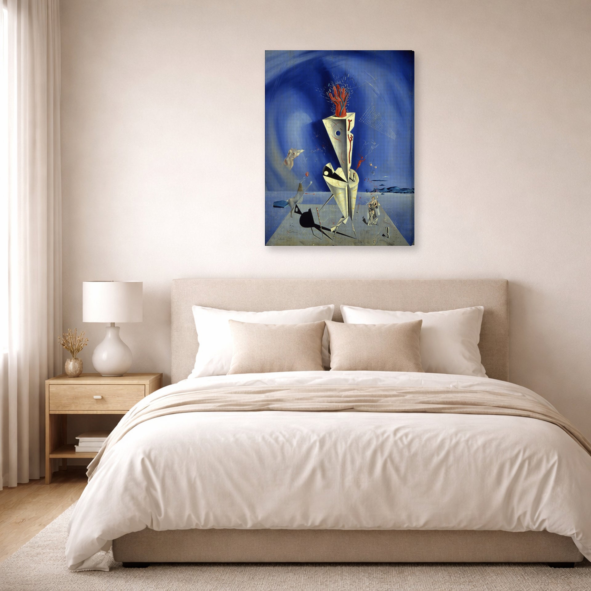 Gallery-wrapped canvas print of Salvador Dali's Apparatus and Hand displayed on a wall in a bedroom