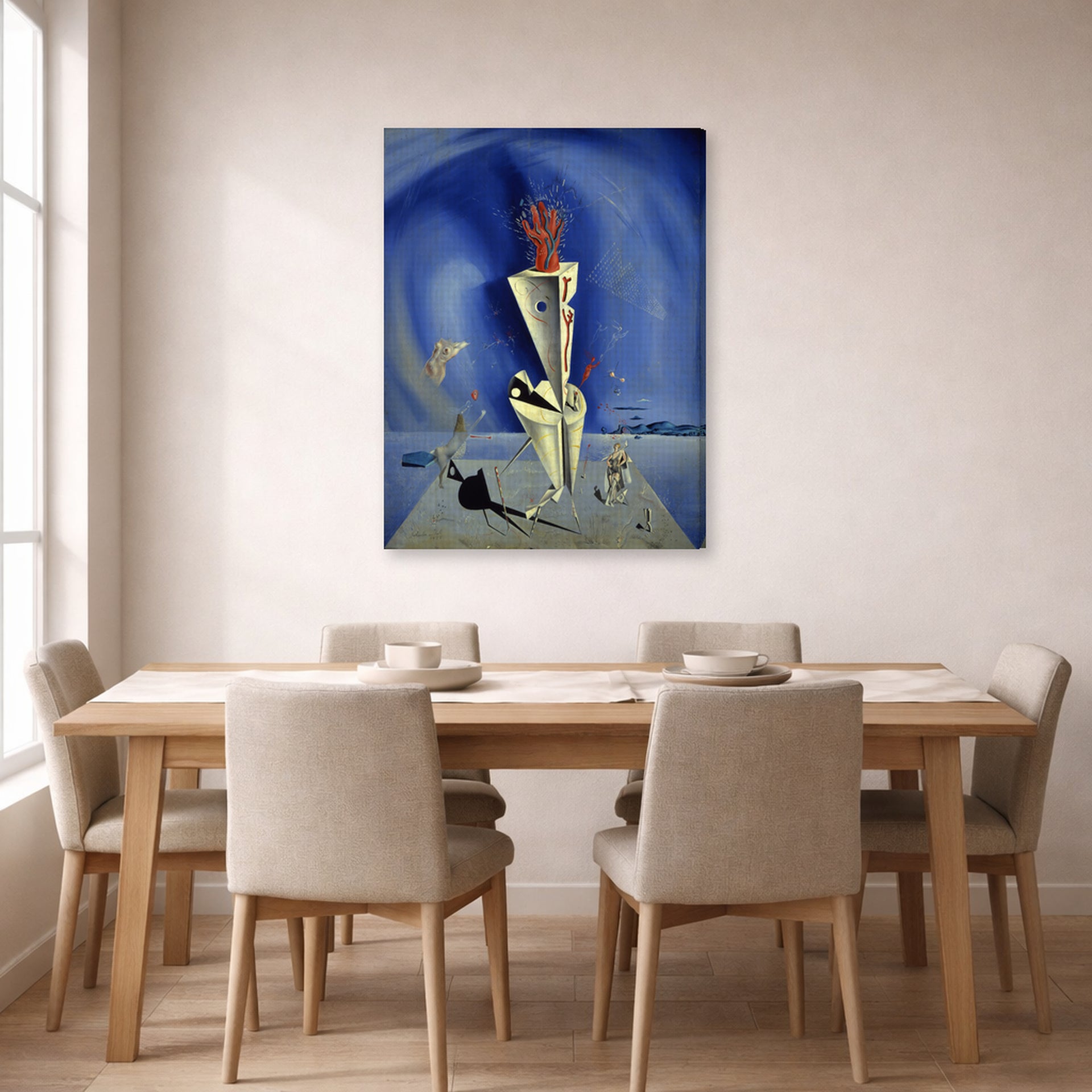 Gallery-wrapped canvas print of Salvador Dali's Apparatus and Hand displayed on a wall in a dining room