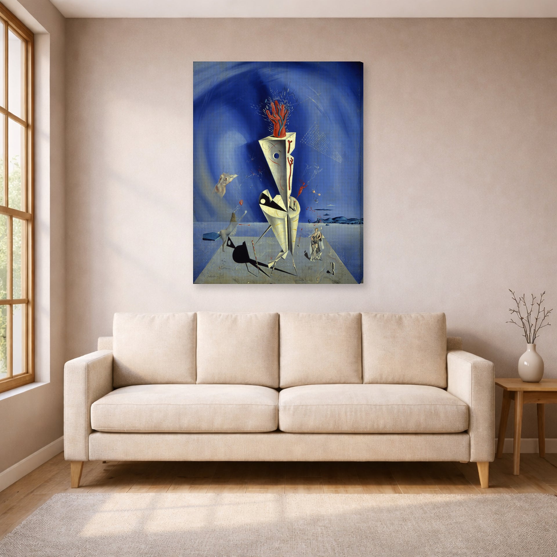 Gallery-wrapped canvas print of Salvador Dali's Apparatus and Hand displayed on a wall in a living room