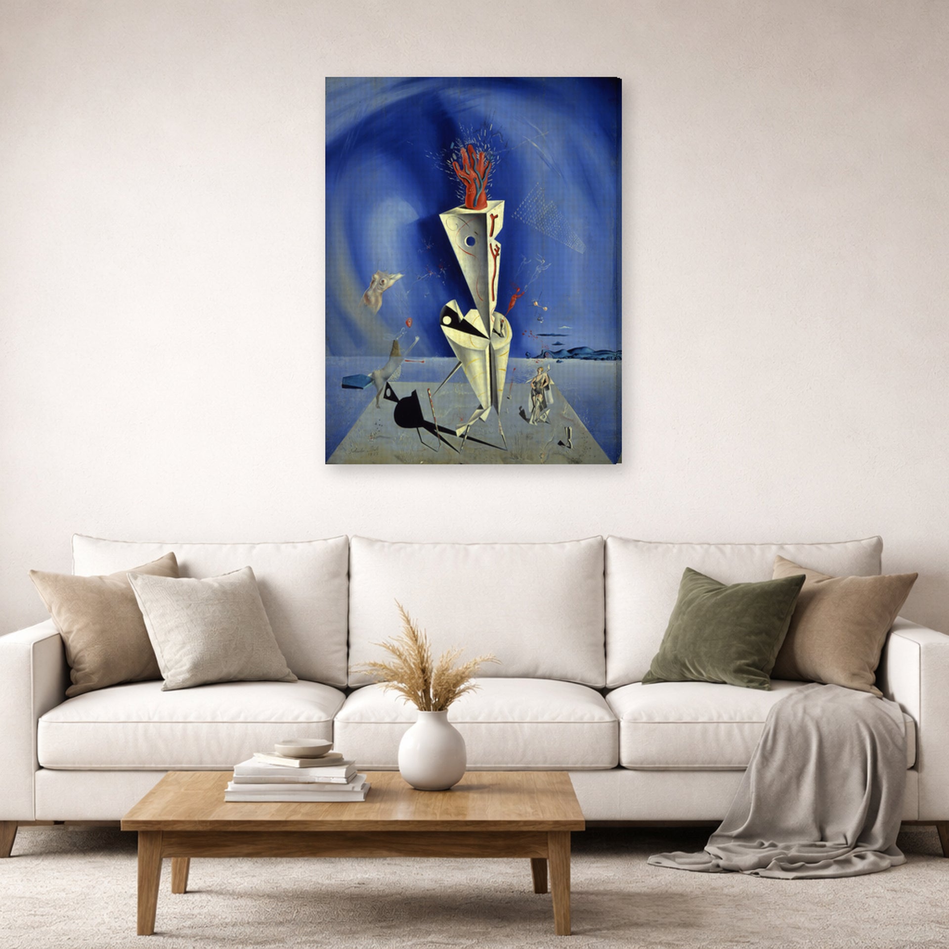 Gallery-wrapped canvas print of Salvador Dali's Apparatus and Hand displayed on a wall in a living room