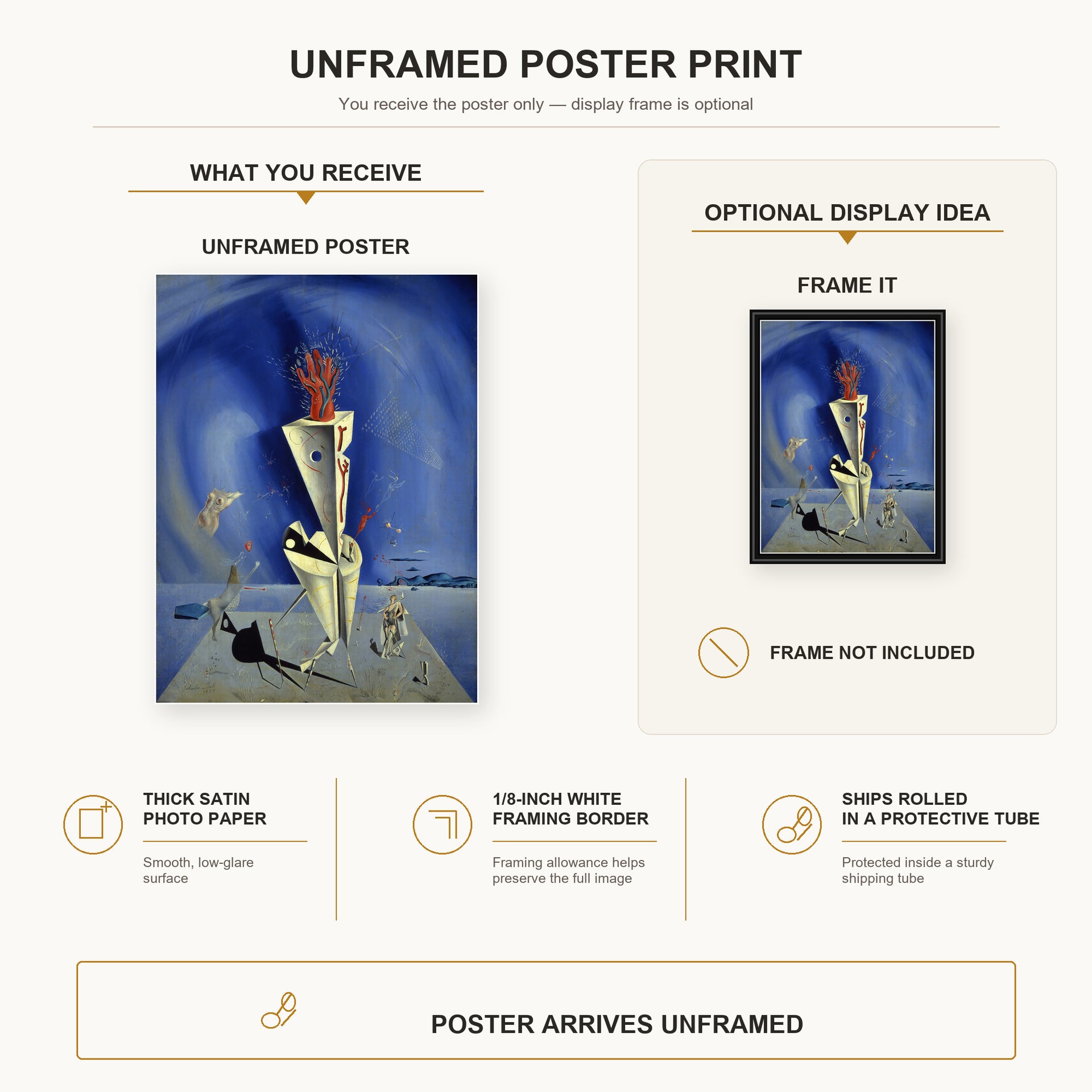 Salvador Dali - Apparatus and Hand poster print size comparison and framing display infographic
