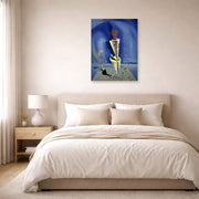 Unframed poster print of Salvador Dali's Apparatus and Hand displayed on a wall in a bedroom