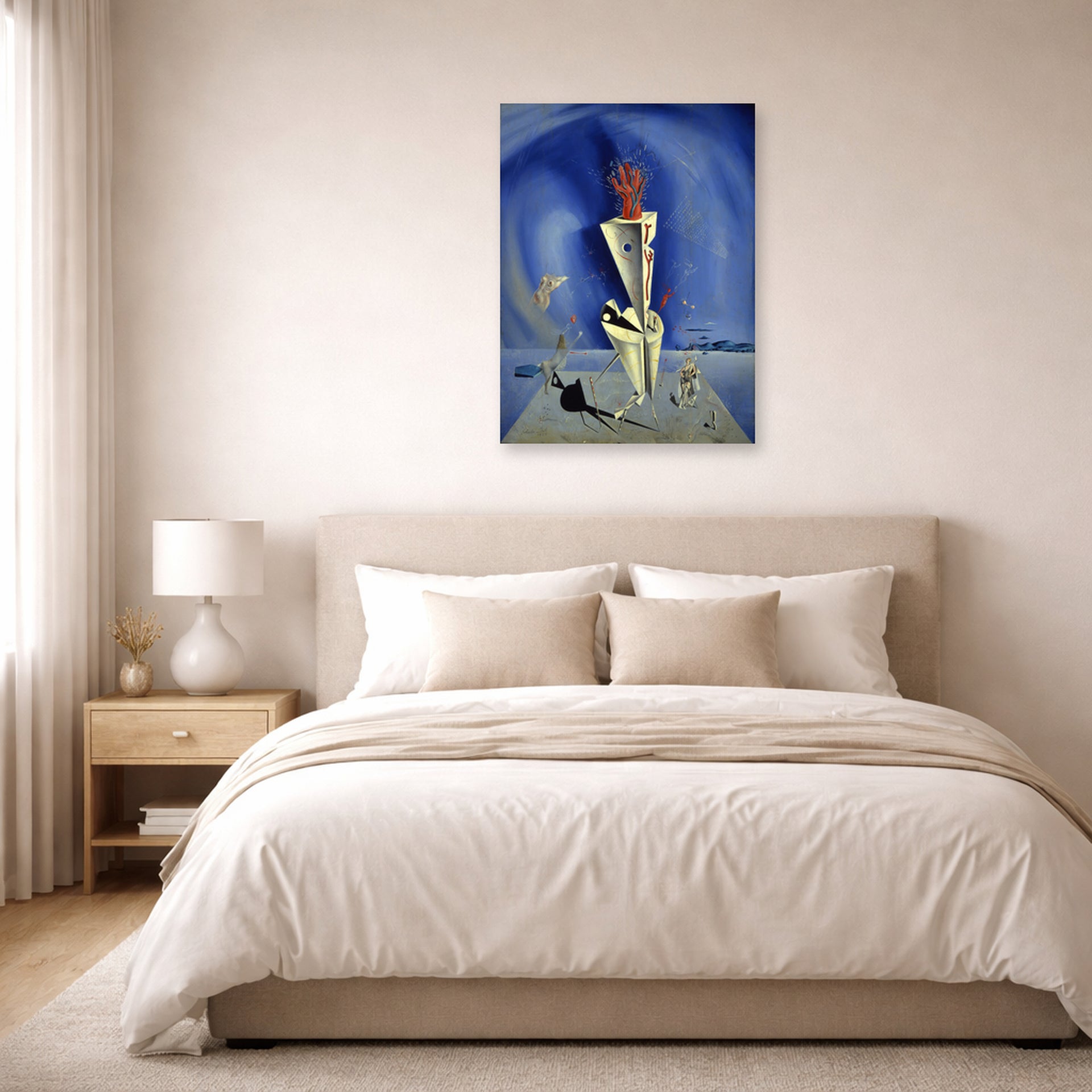 Unframed poster print of Salvador Dali's Apparatus and Hand displayed on a wall in a bedroom