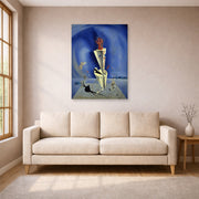Unframed poster print of Salvador Dali's Apparatus and Hand displayed on a wall in a living room
