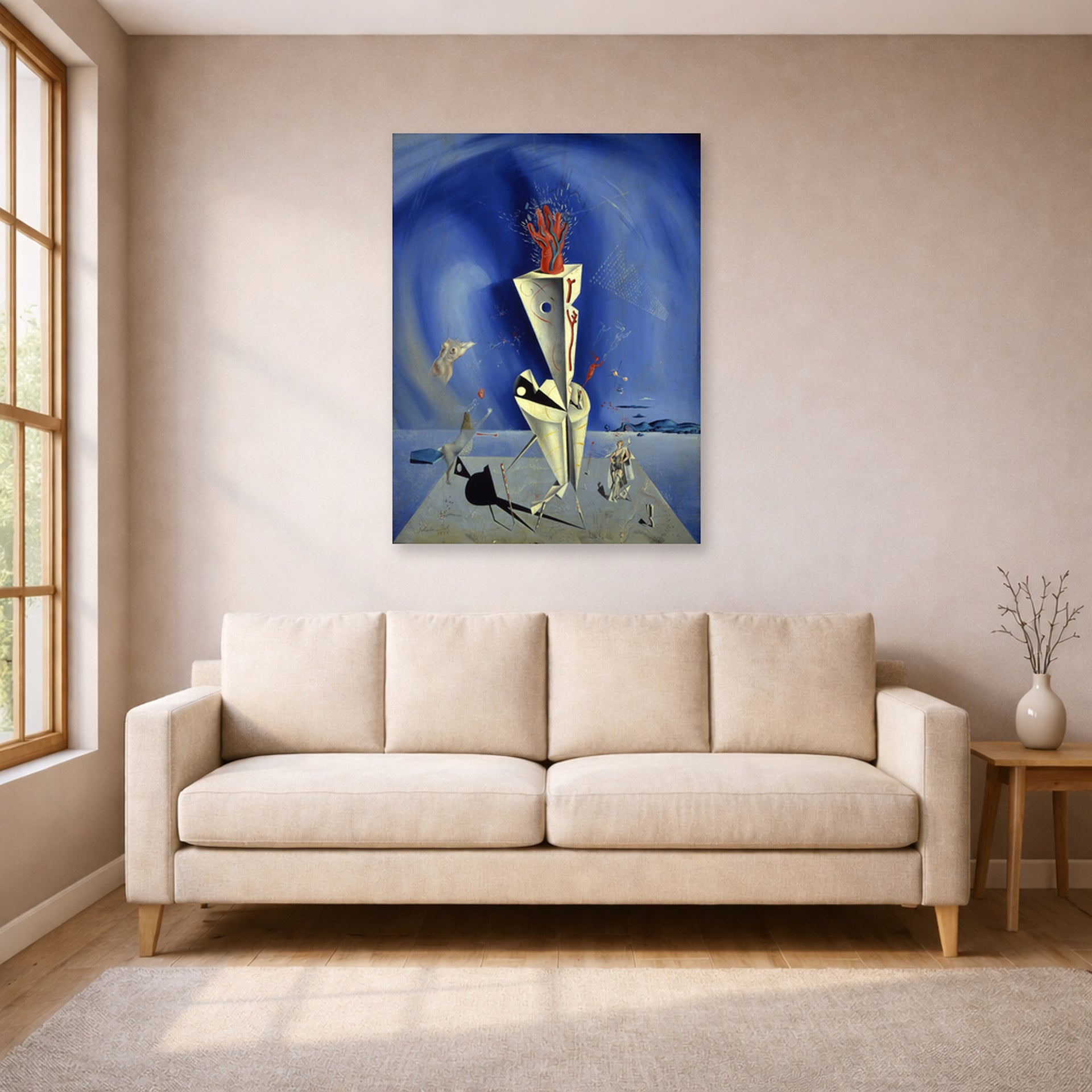 Unframed poster print of Salvador Dali's Apparatus and Hand displayed on a wall in a living room