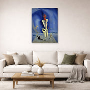 Unframed poster print of Salvador Dali's Apparatus and Hand displayed on a wall in a living room