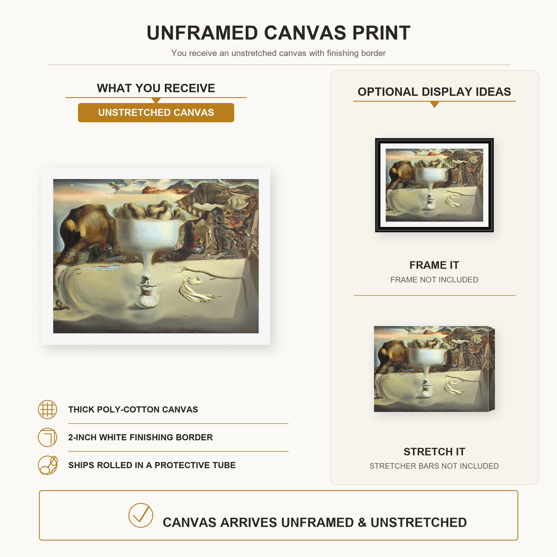Salvador Dali - Apparition of Face and Fruit Dish on a Beach canvas print size comparison and framing display infographic