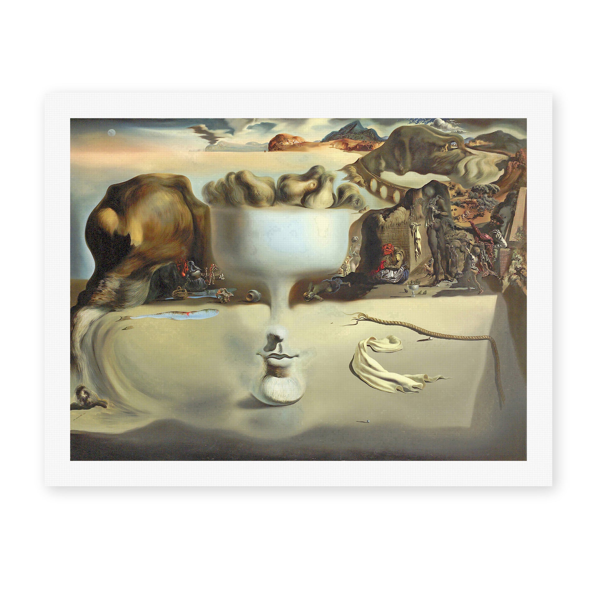 Salvador Dali's 'Apparition of Face and Fruit Dish on a Beach' painting reproduced as a rolled canvas print