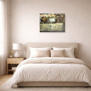 Gallery-wrapped canvas print of Salvador Dali's Apparition of Face and Fruit Dish on a Beach displayed on a wall in a bedroom