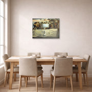 Gallery-wrapped canvas print of Salvador Dali's Apparition of Face and Fruit Dish on a Beach displayed on a wall in a dining room