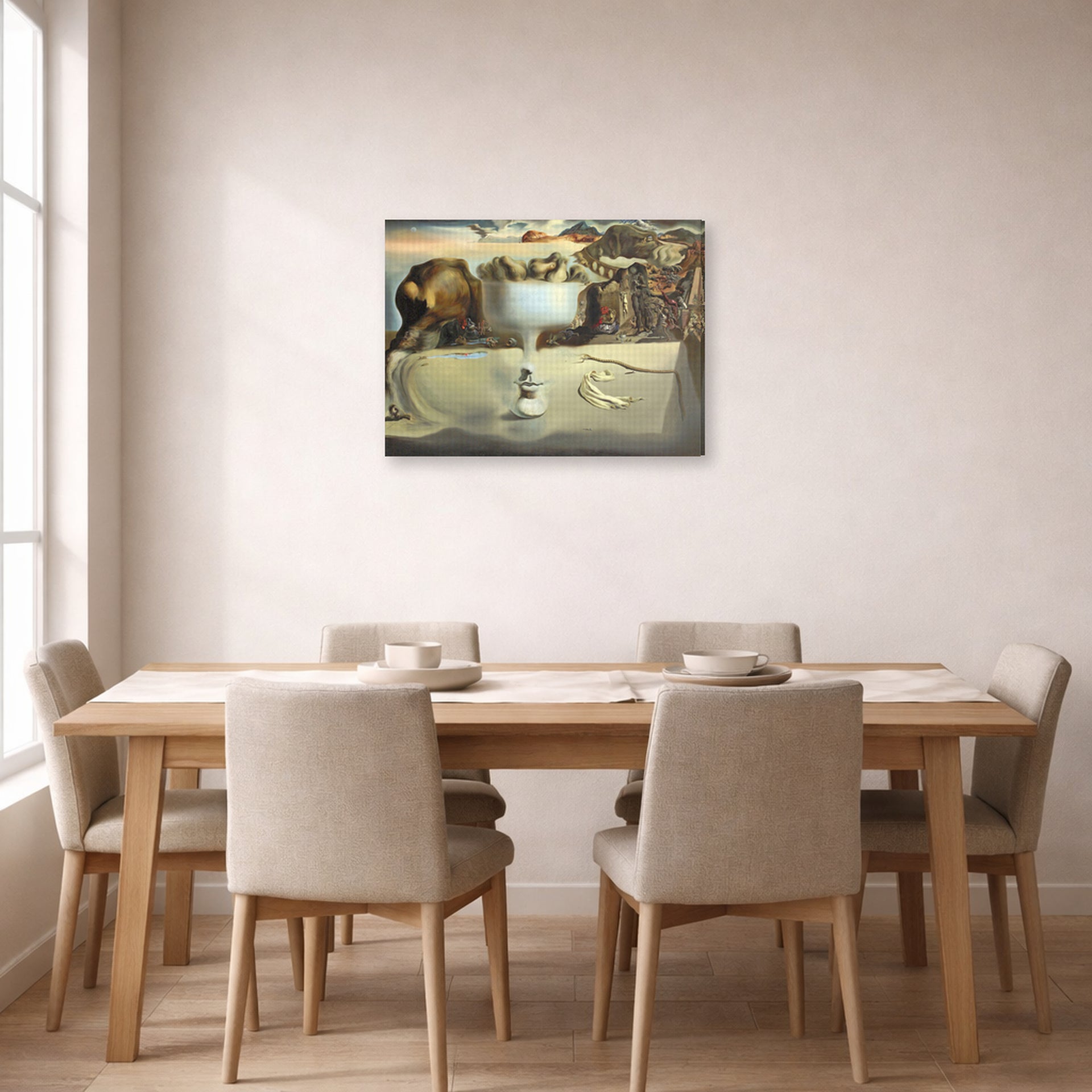 Gallery-wrapped canvas print of Salvador Dali's Apparition of Face and Fruit Dish on a Beach displayed on a wall in a dining room