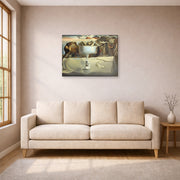 Gallery-wrapped canvas print of Salvador Dali's Apparition of Face and Fruit Dish on a Beach displayed on a wall in a living room