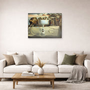 Gallery-wrapped canvas print of Salvador Dali's Apparition of Face and Fruit Dish on a Beach displayed on a wall in a living room