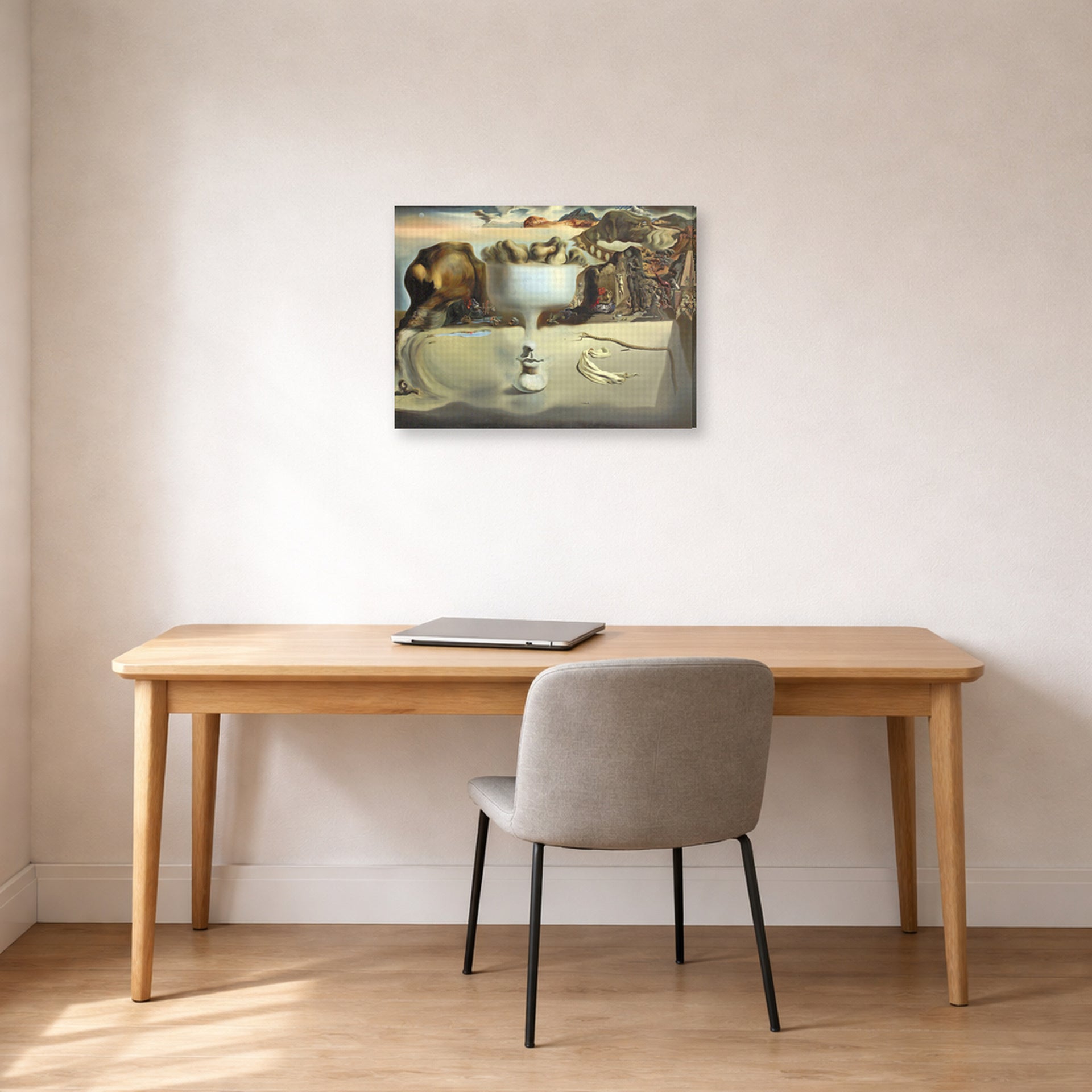 Gallery-wrapped canvas print of Salvador Dali's Apparition of Face and Fruit Dish on a Beach displayed on a wall in a office