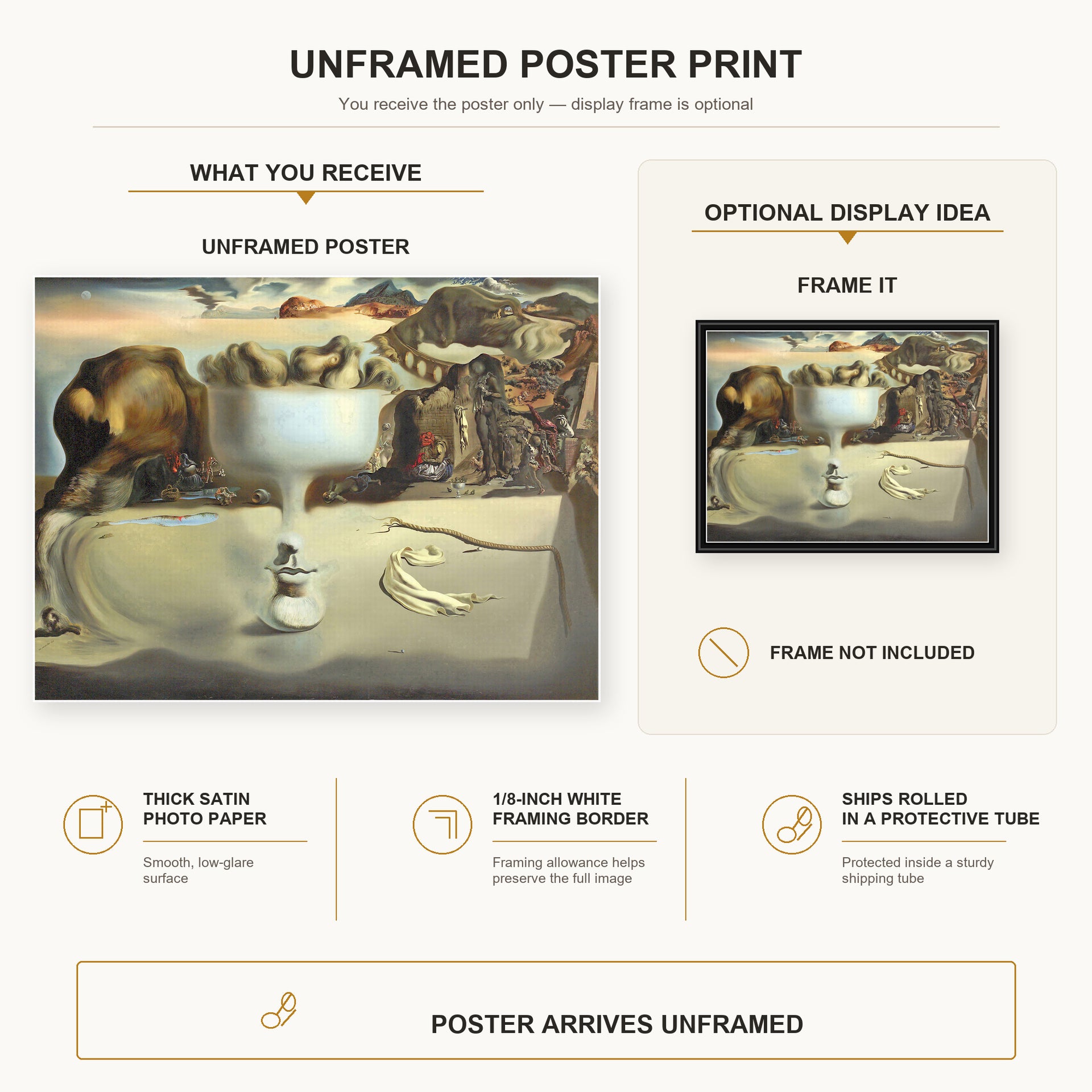 Salvador Dali - Apparition of Face and Fruit Dish on a Beach poster print size comparison and framing display infographic