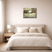 Unframed poster print of Salvador Dali's Apparition of Face and Fruit Dish on a Beach displayed on a wall in a bedroom
