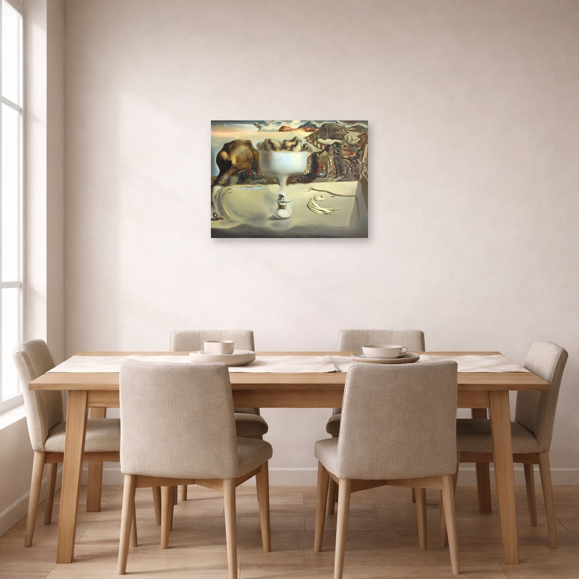 Unframed poster print of Salvador Dali's Apparition of Face and Fruit Dish on a Beach displayed on a wall in a dining room