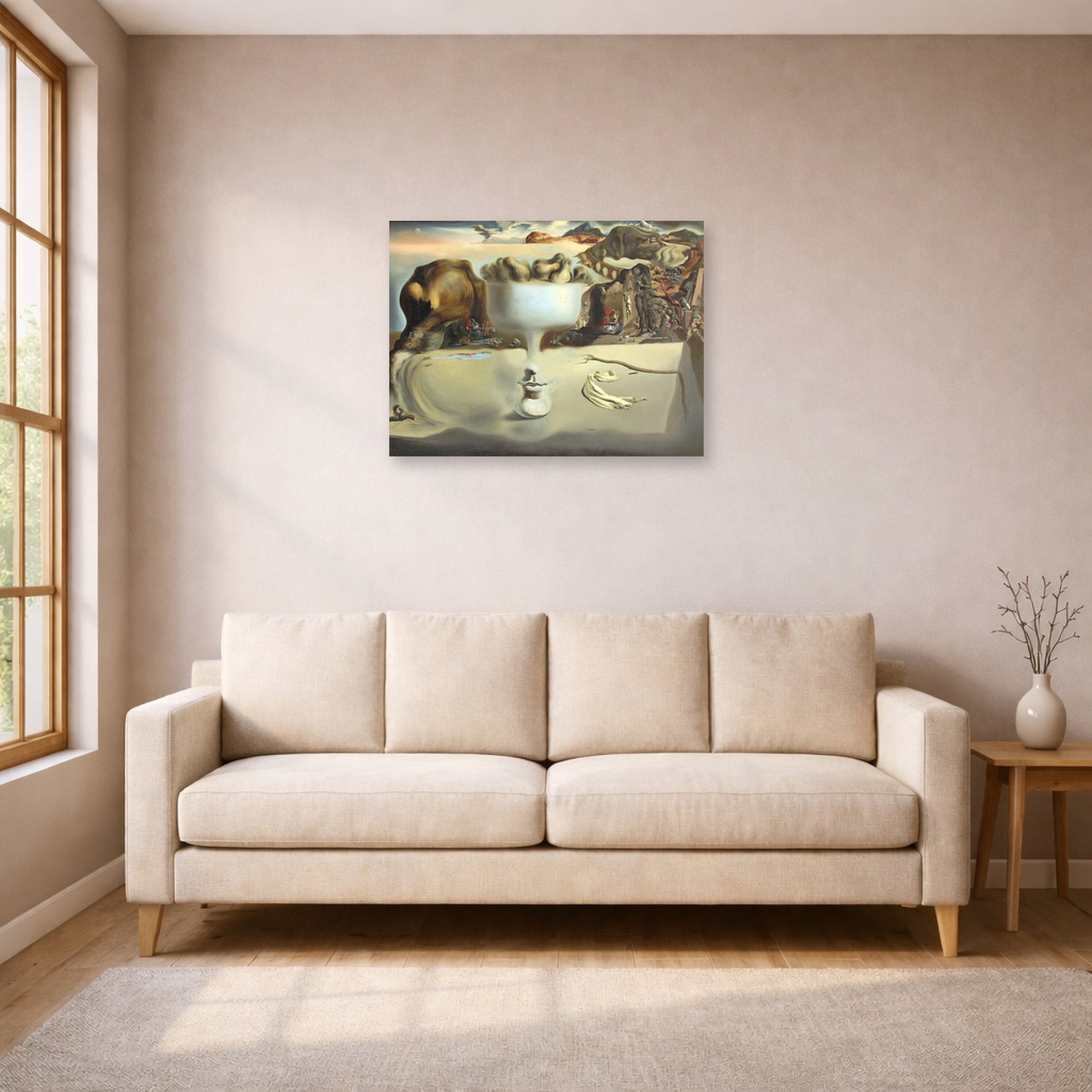 Unframed poster print of Salvador Dali's Apparition of Face and Fruit Dish on a Beach displayed on a wall in a living room