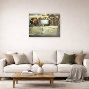 Unframed poster print of Salvador Dali's Apparition of Face and Fruit Dish on a Beach displayed on a wall in a living room