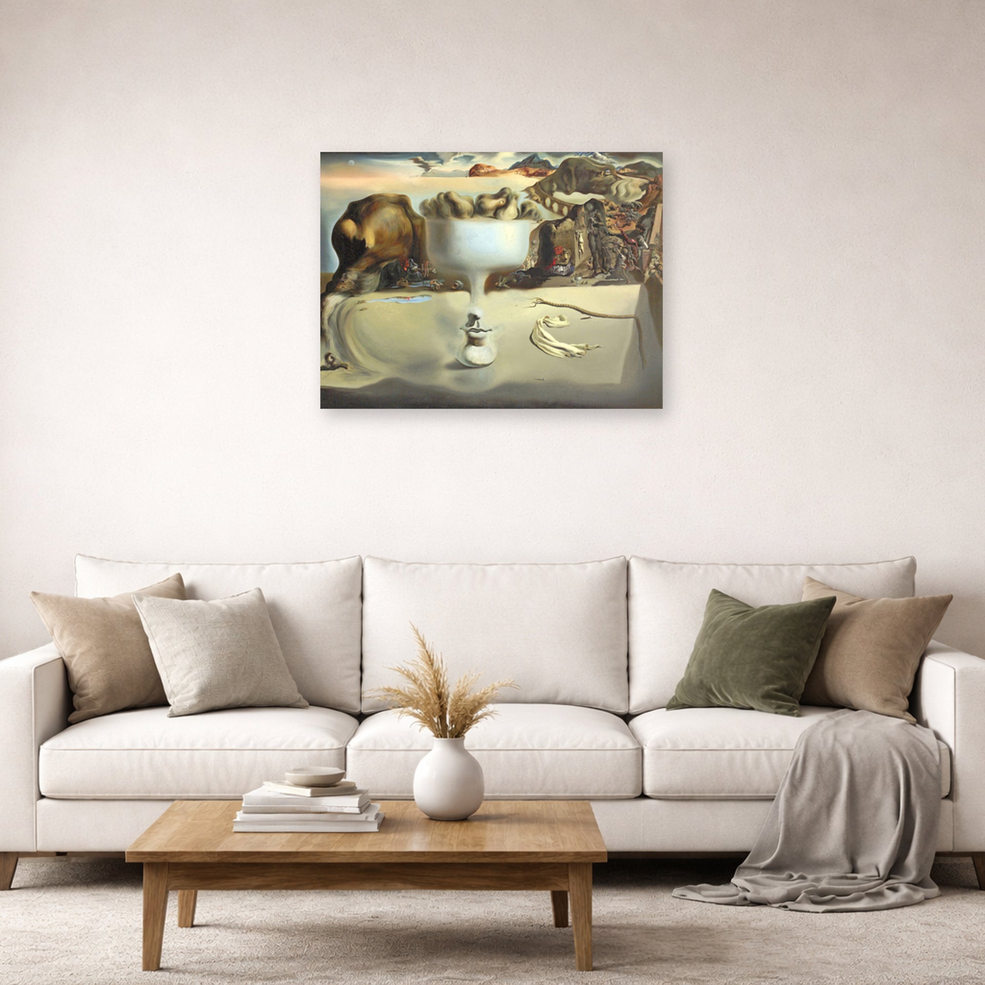 Unframed poster print of Salvador Dali's Apparition of Face and Fruit Dish on a Beach displayed on a wall in a living room