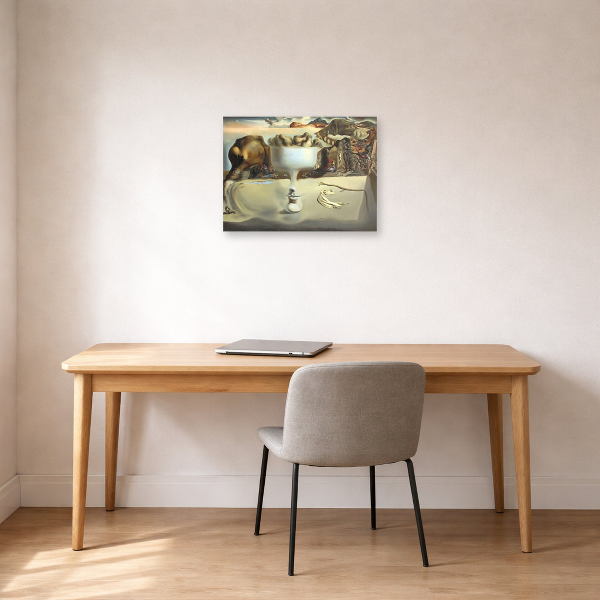 Unframed poster print of Salvador Dali's Apparition of Face and Fruit Dish on a Beach displayed on a wall in a office