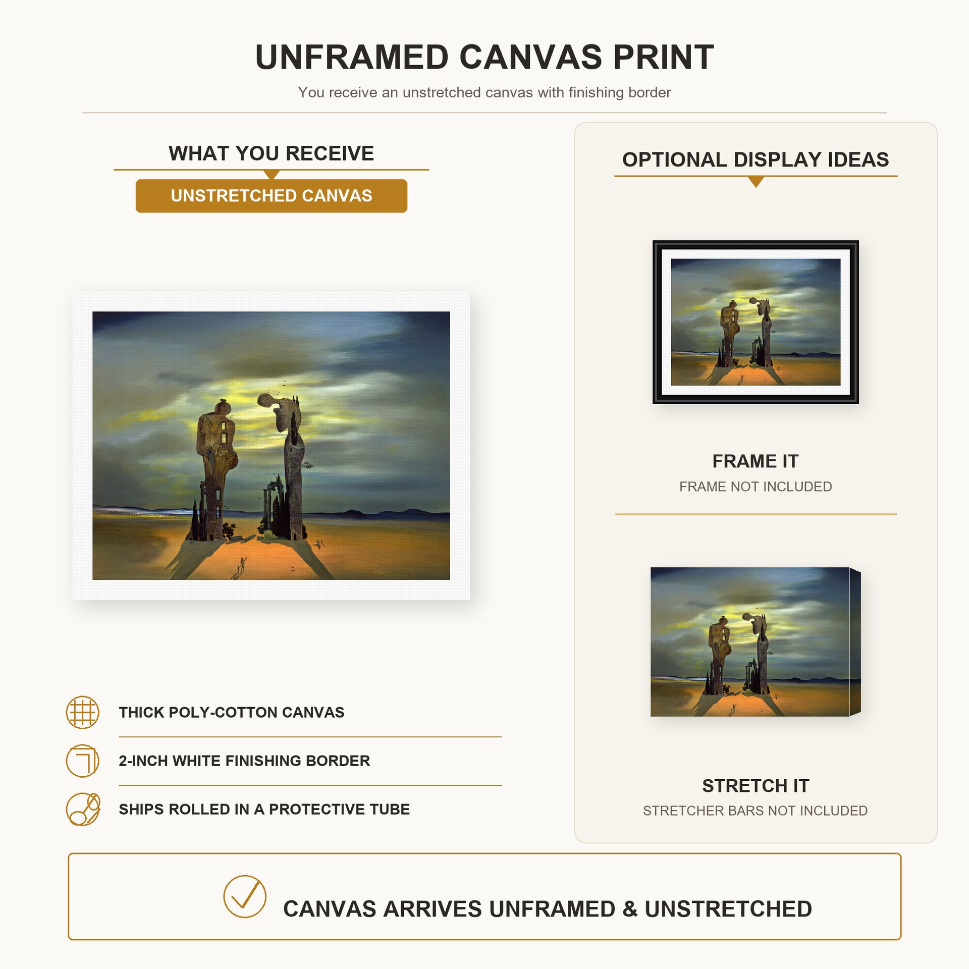Salvador Dali - Archeological Reminiscence of Millet's Angelus canvas print size comparison and framing display infographic