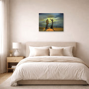 Gallery-wrapped canvas print of Salvador Dali's Archeological Reminiscence of Millet's Angelus displayed on a wall in a bedroom