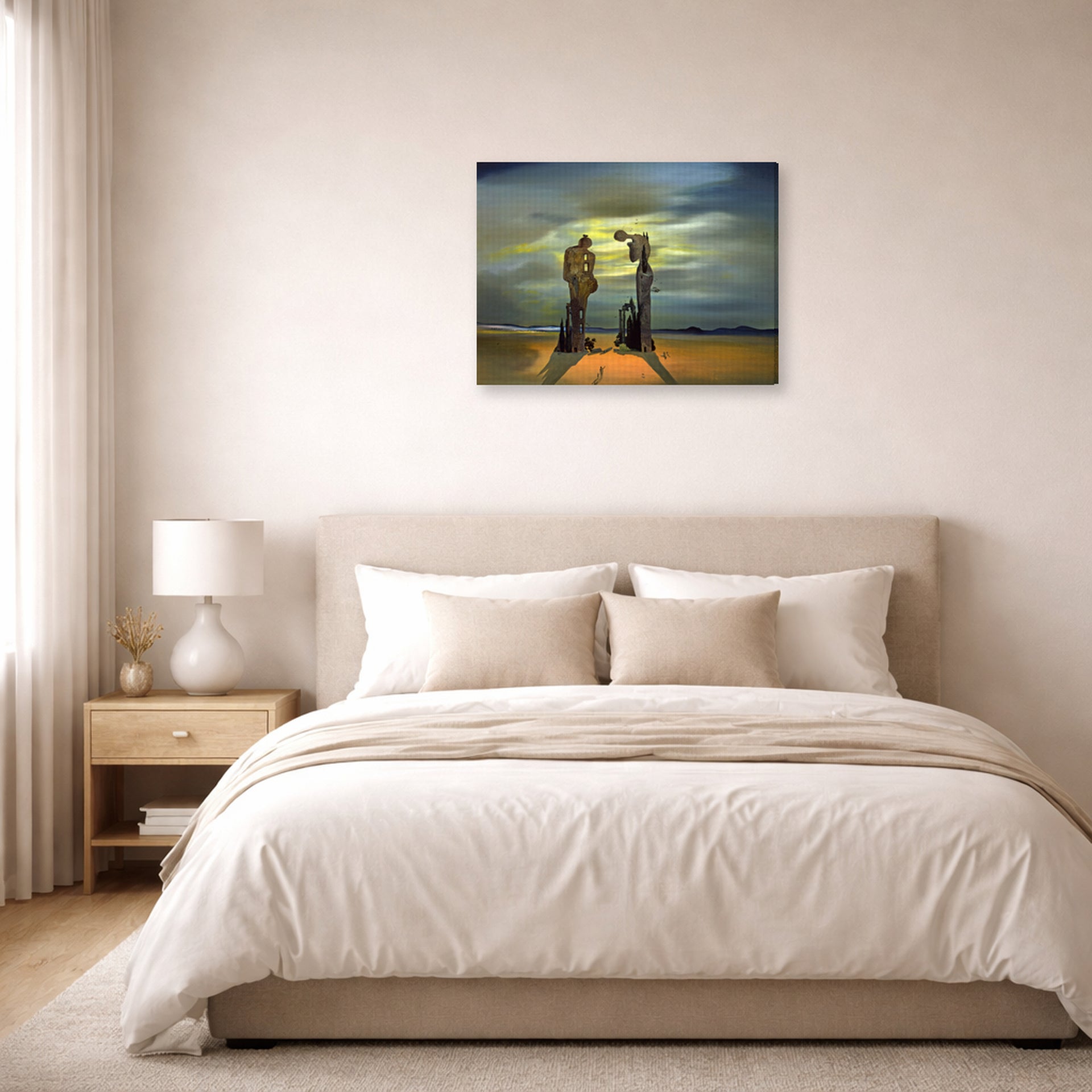 Gallery-wrapped canvas print of Salvador Dali's Archeological Reminiscence of Millet's Angelus displayed on a wall in a bedroom