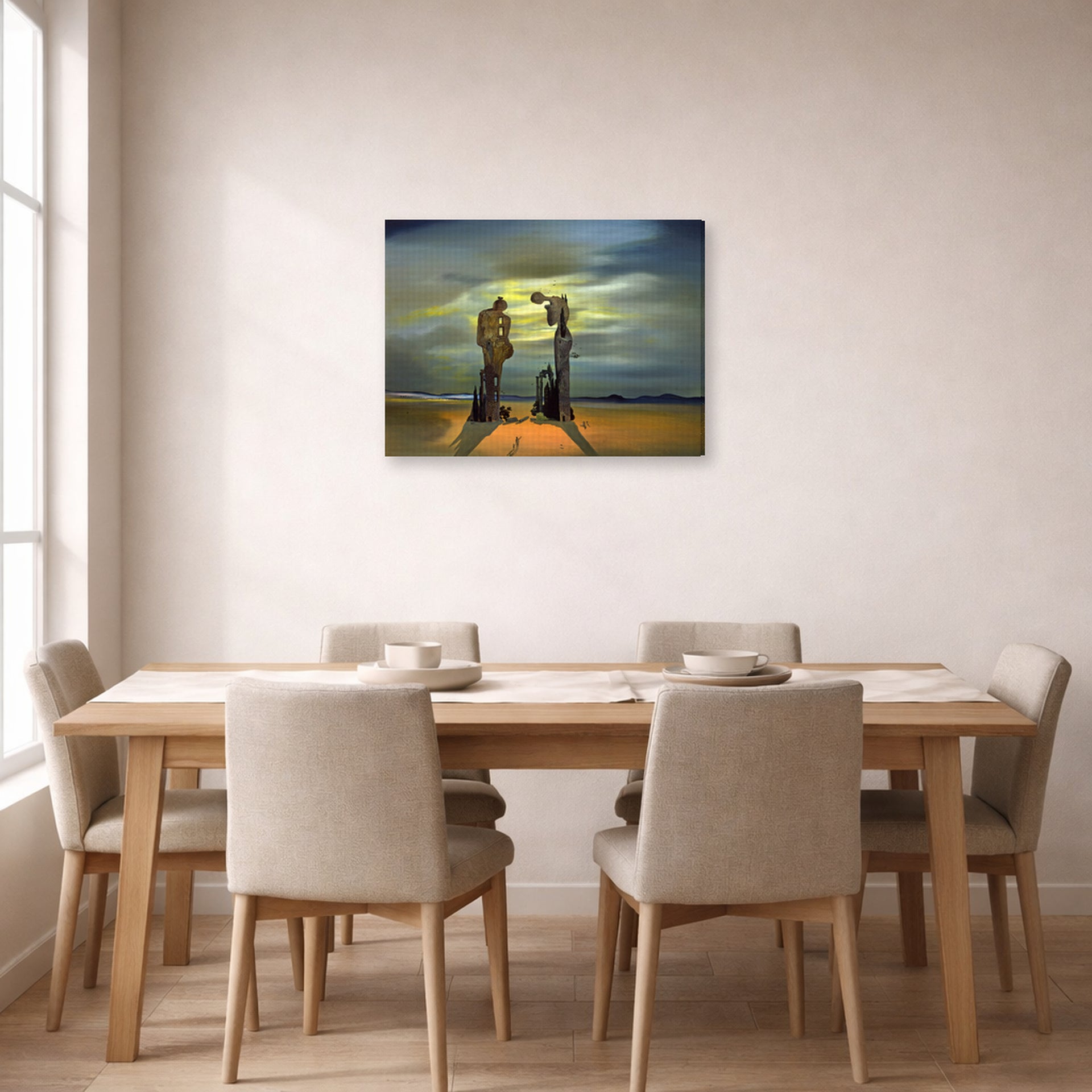 Gallery-wrapped canvas print of Salvador Dali's Archeological Reminiscence of Millet's Angelus displayed on a wall in a dining room