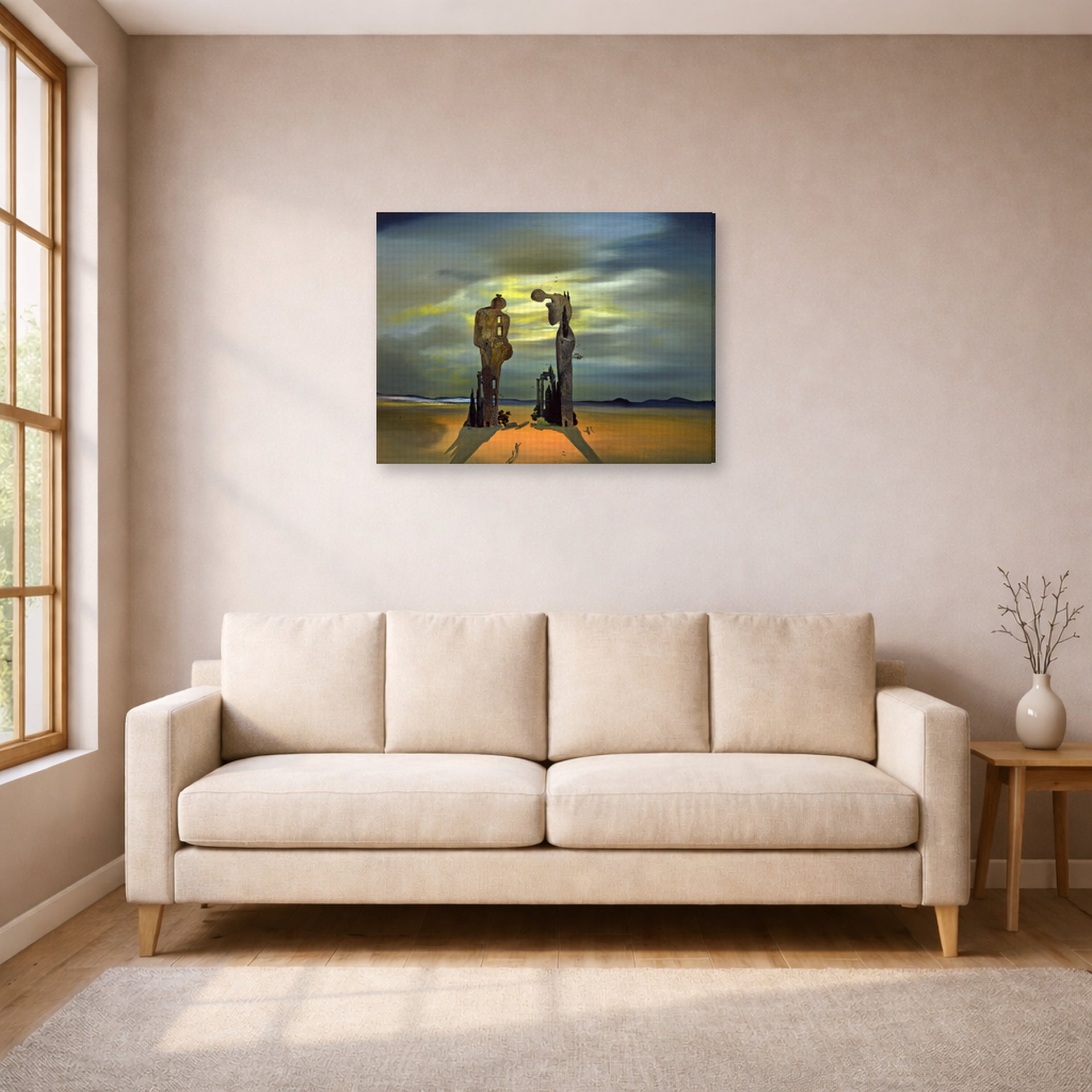 Gallery-wrapped canvas print of Salvador Dali's Archeological Reminiscence of Millet's Angelus displayed on a wall in a living room