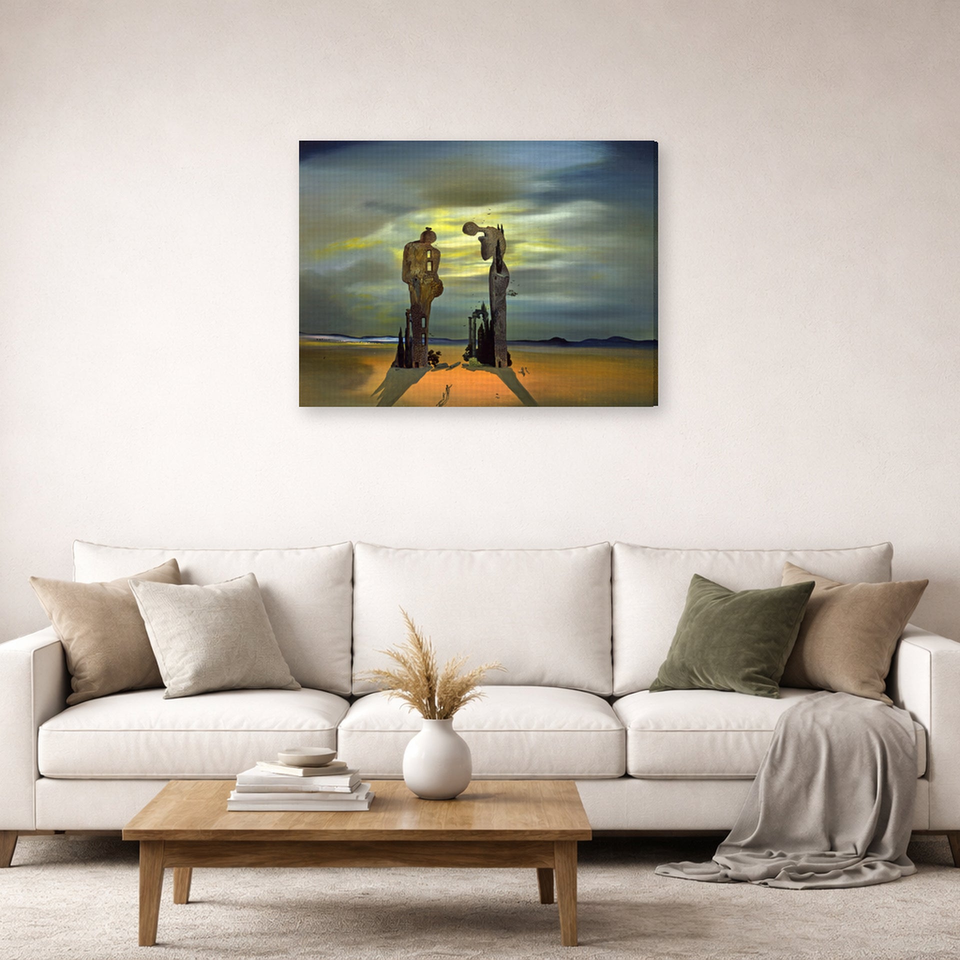 Gallery-wrapped canvas print of Salvador Dali's Archeological Reminiscence of Millet's Angelus displayed on a wall in a living room