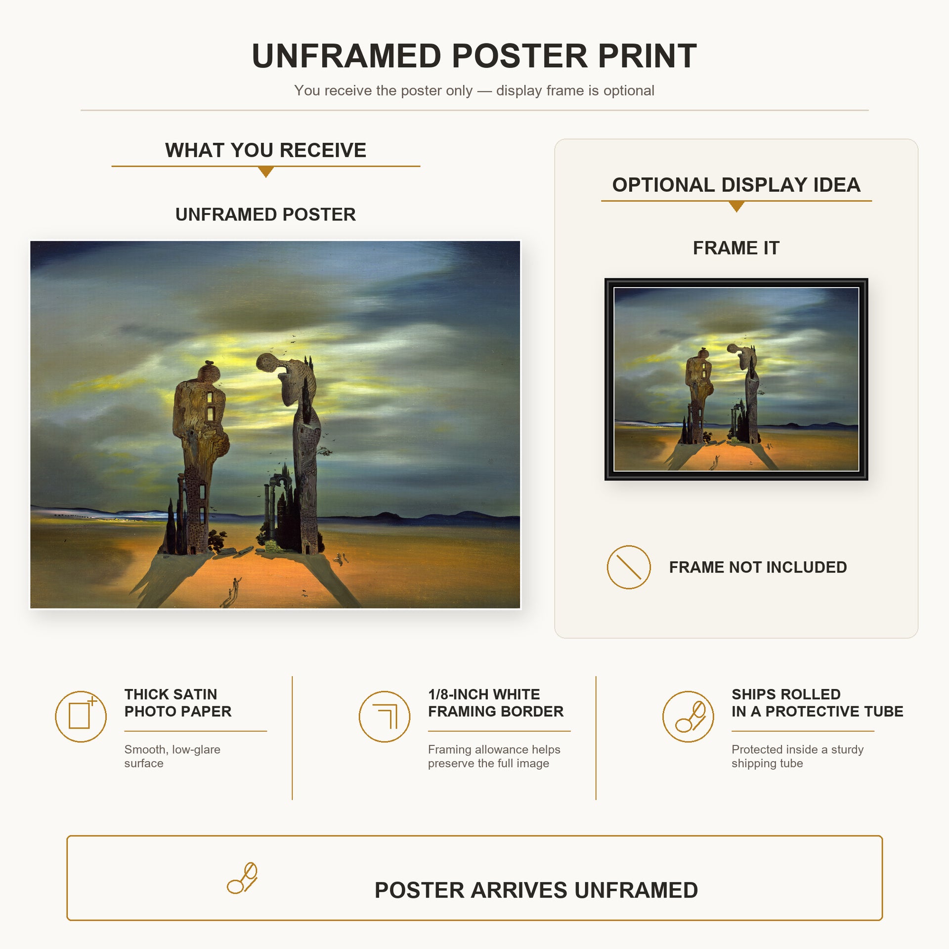 Salvador Dali - Archeological Reminiscence of Millet's Angelus poster print size comparison and framing display infographic