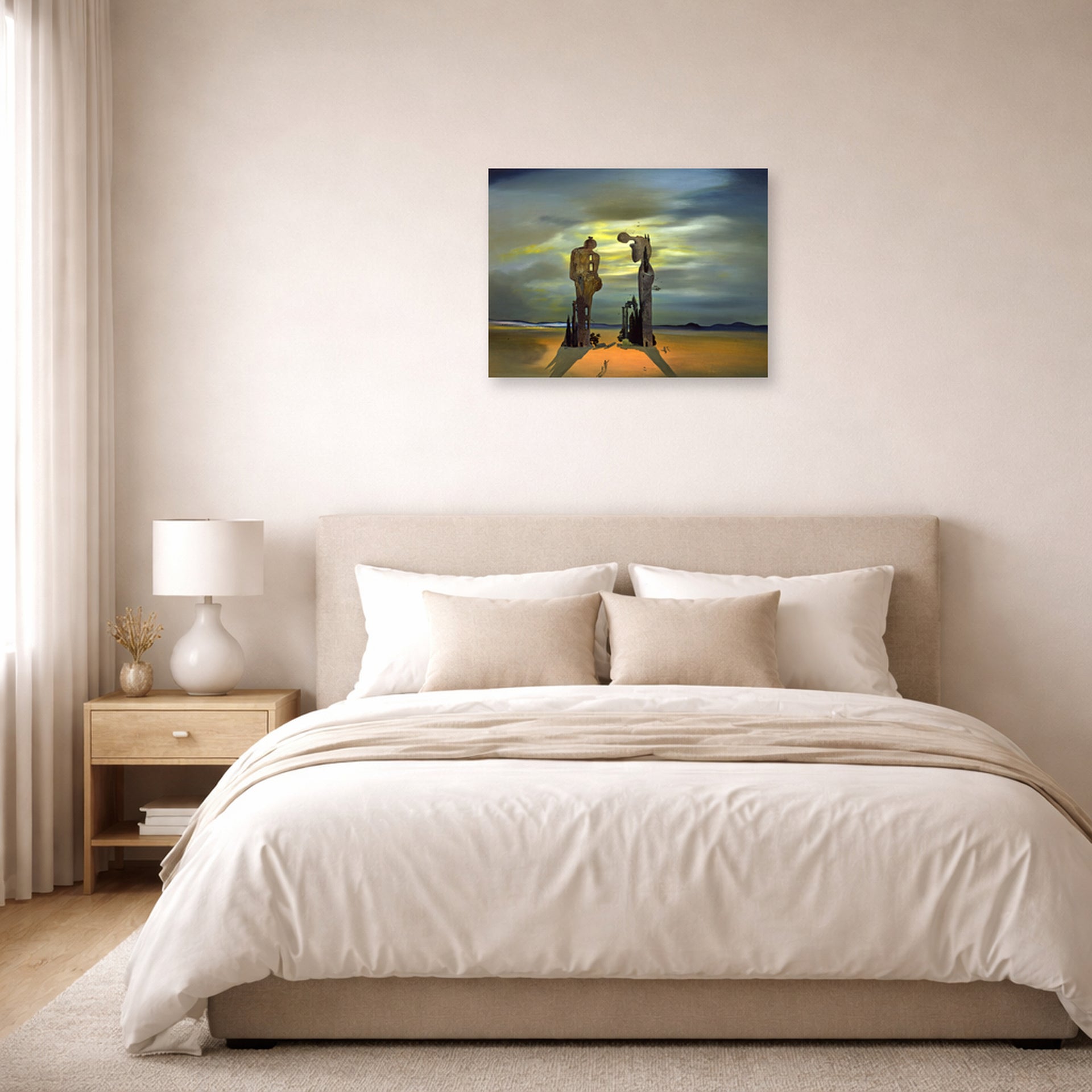 Unframed poster print of Salvador Dali's Archeological Reminiscence of Millet's Angelus displayed on a wall in a bedroom
