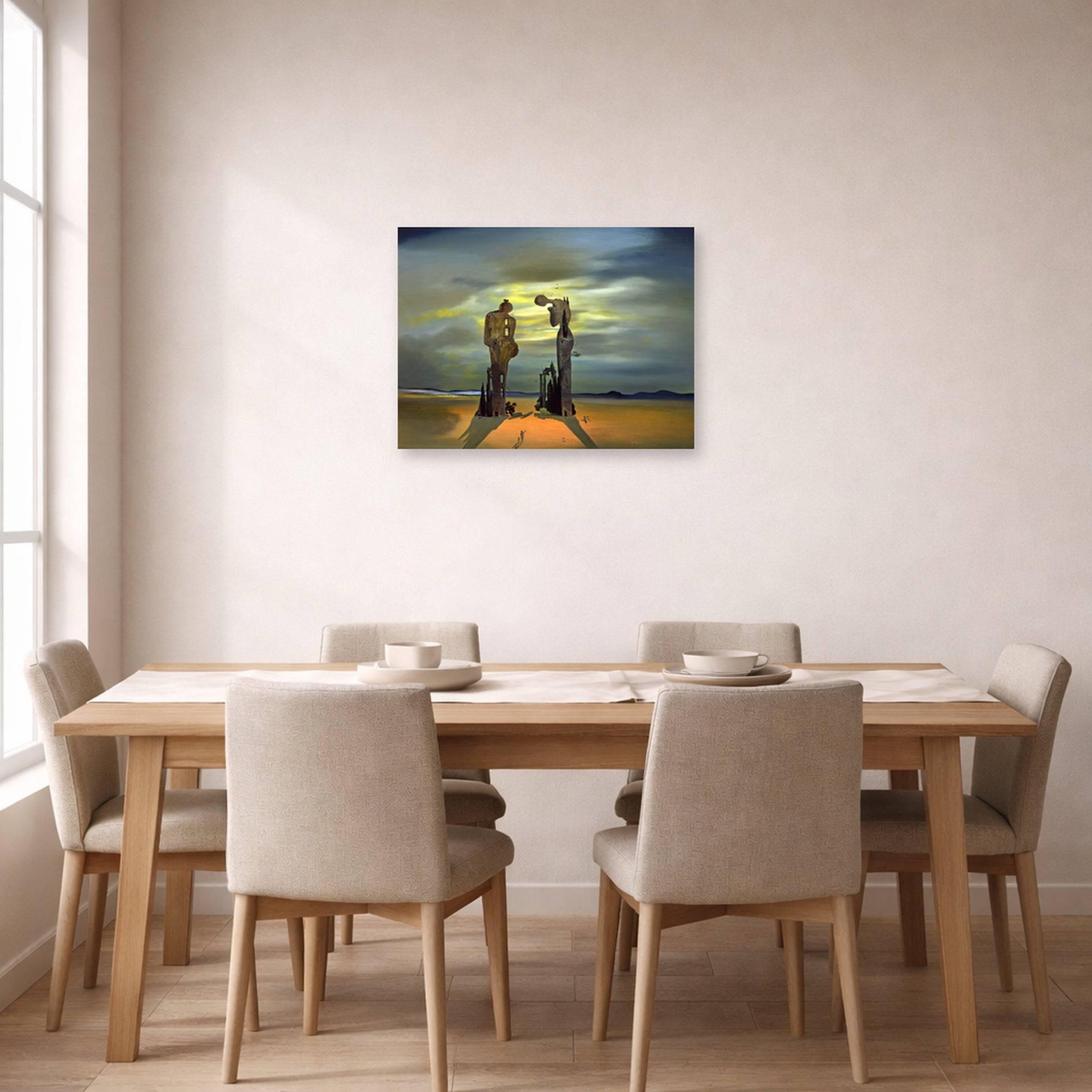 Unframed poster print of Salvador Dali's Archeological Reminiscence of Millet's Angelus displayed on a wall in a dining room
