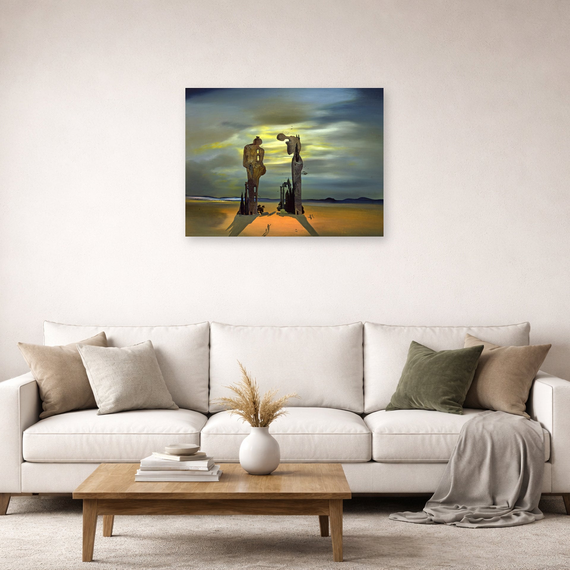 Unframed poster print of Salvador Dali's Archeological Reminiscence of Millet's Angelus displayed on a wall in a living room