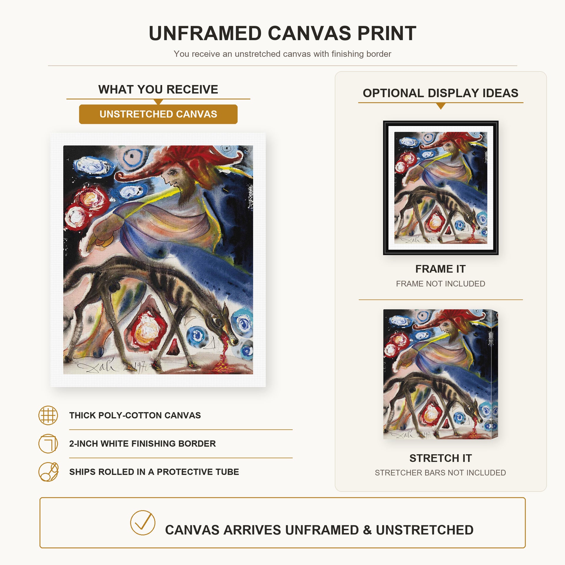 Salvador Dali - Argos canvas print size comparison and framing display infographic