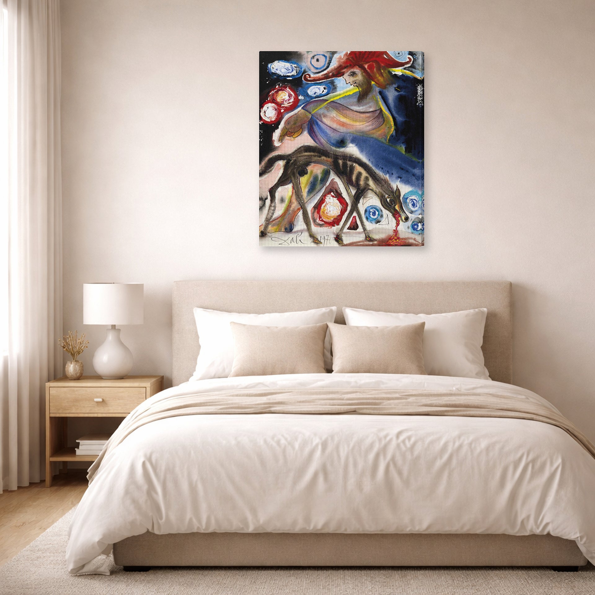 Gallery-wrapped canvas print of Salvador Dali's Argos displayed on a wall in a bedroom