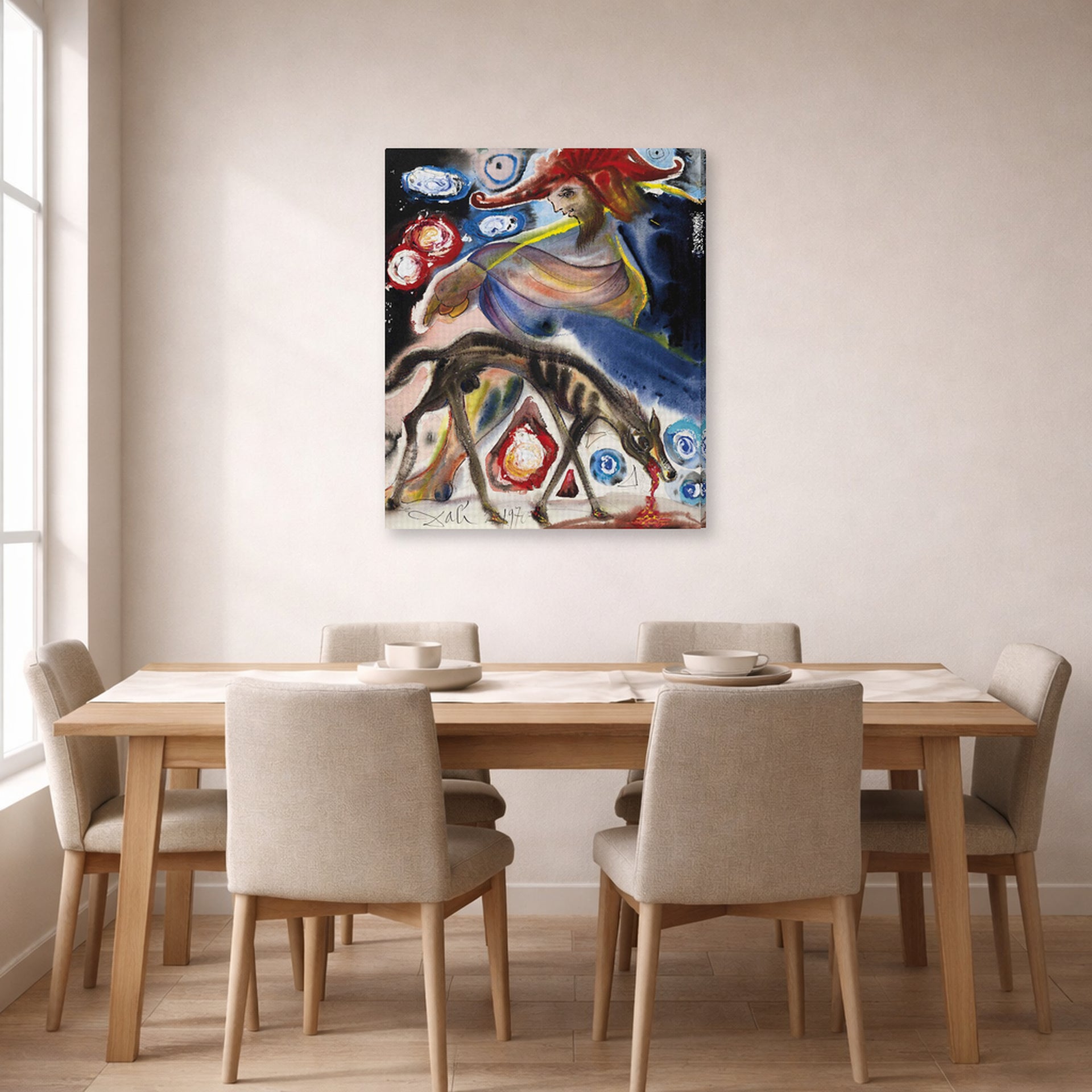 Gallery-wrapped canvas print of Salvador Dali's Argos displayed on a wall in a dining room