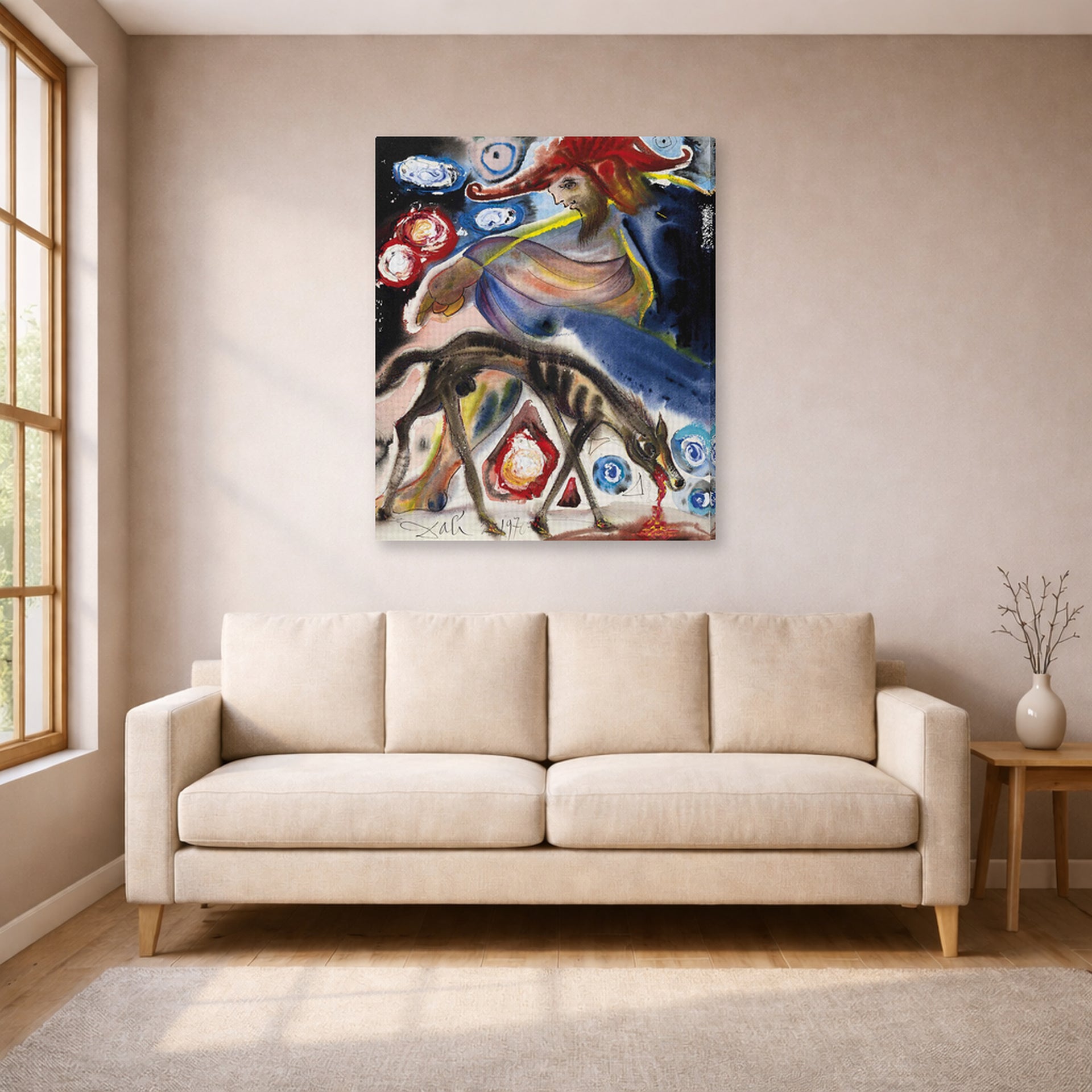 Gallery-wrapped canvas print of Salvador Dali's Argos displayed on a wall in a living room
