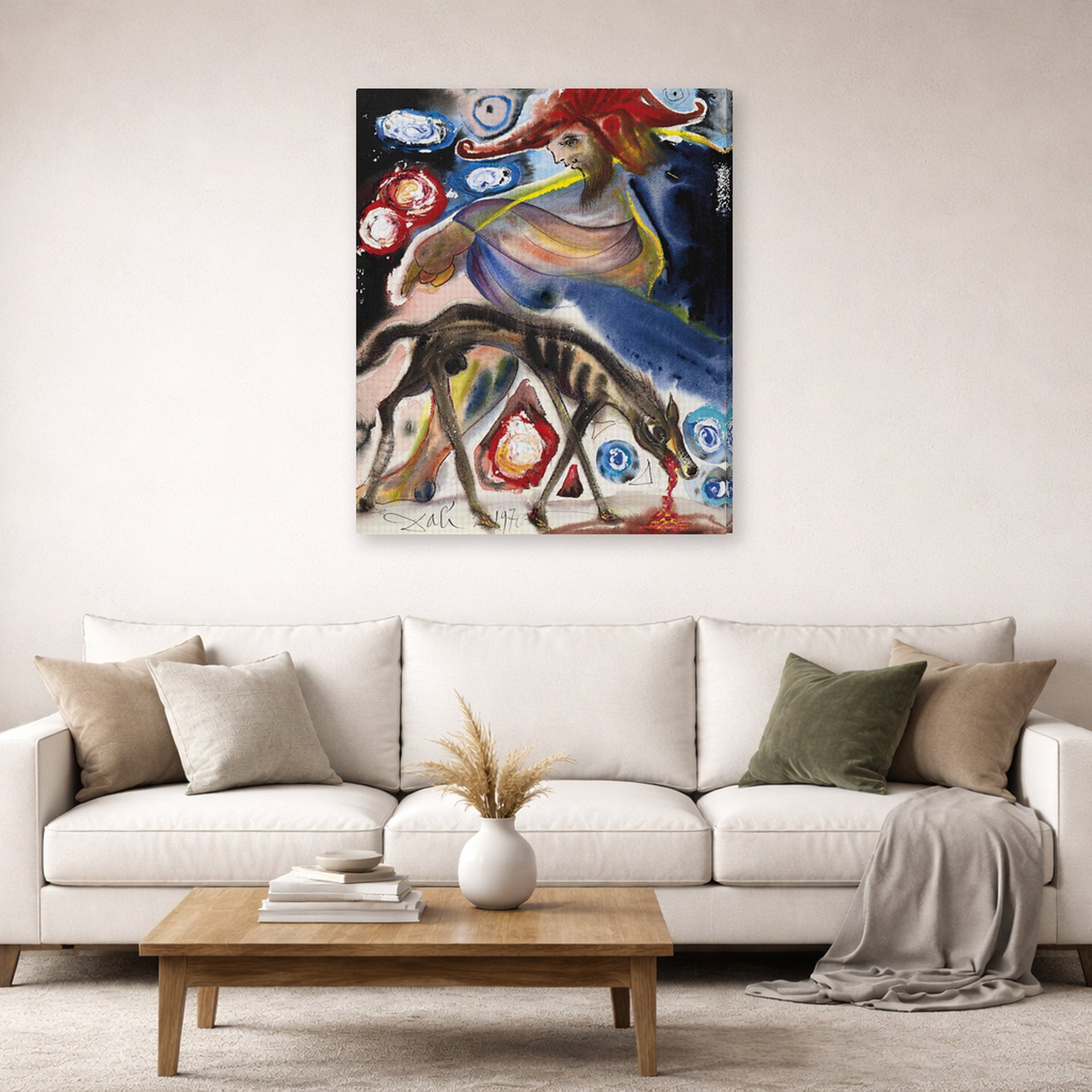 Gallery-wrapped canvas print of Salvador Dali's Argos displayed on a wall in a living room