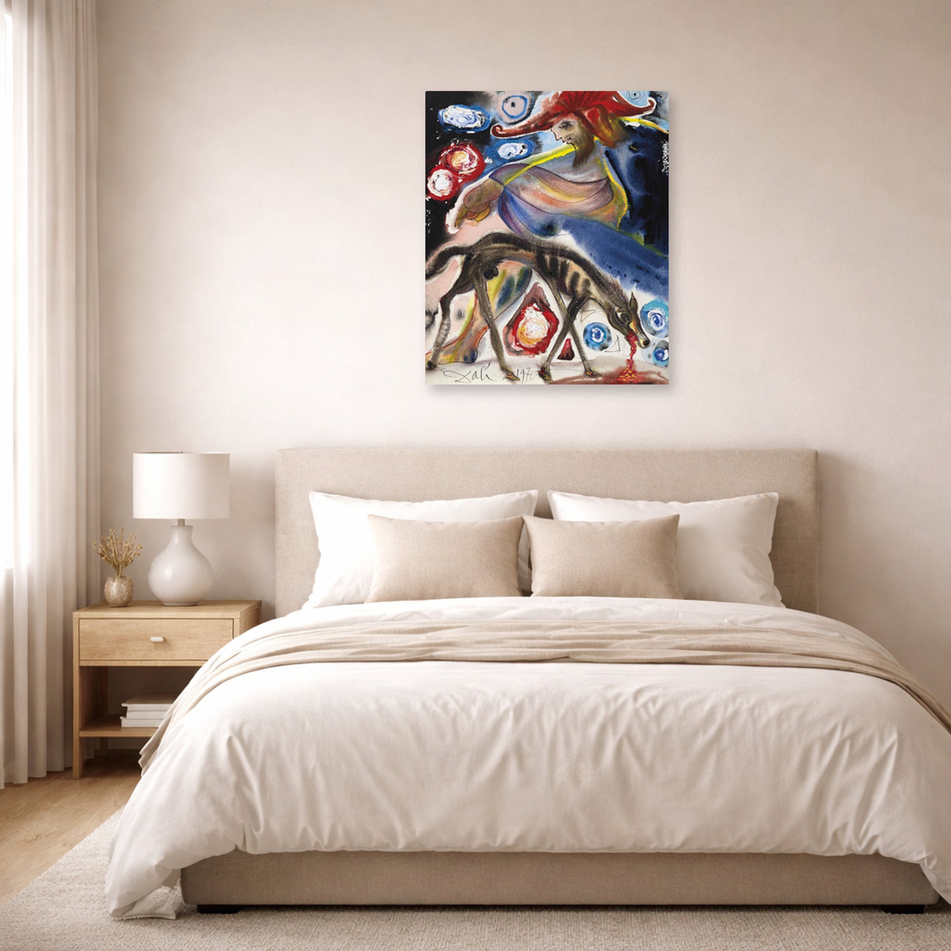 Unframed poster print of Salvador Dali's Argos displayed on a wall in a bedroom