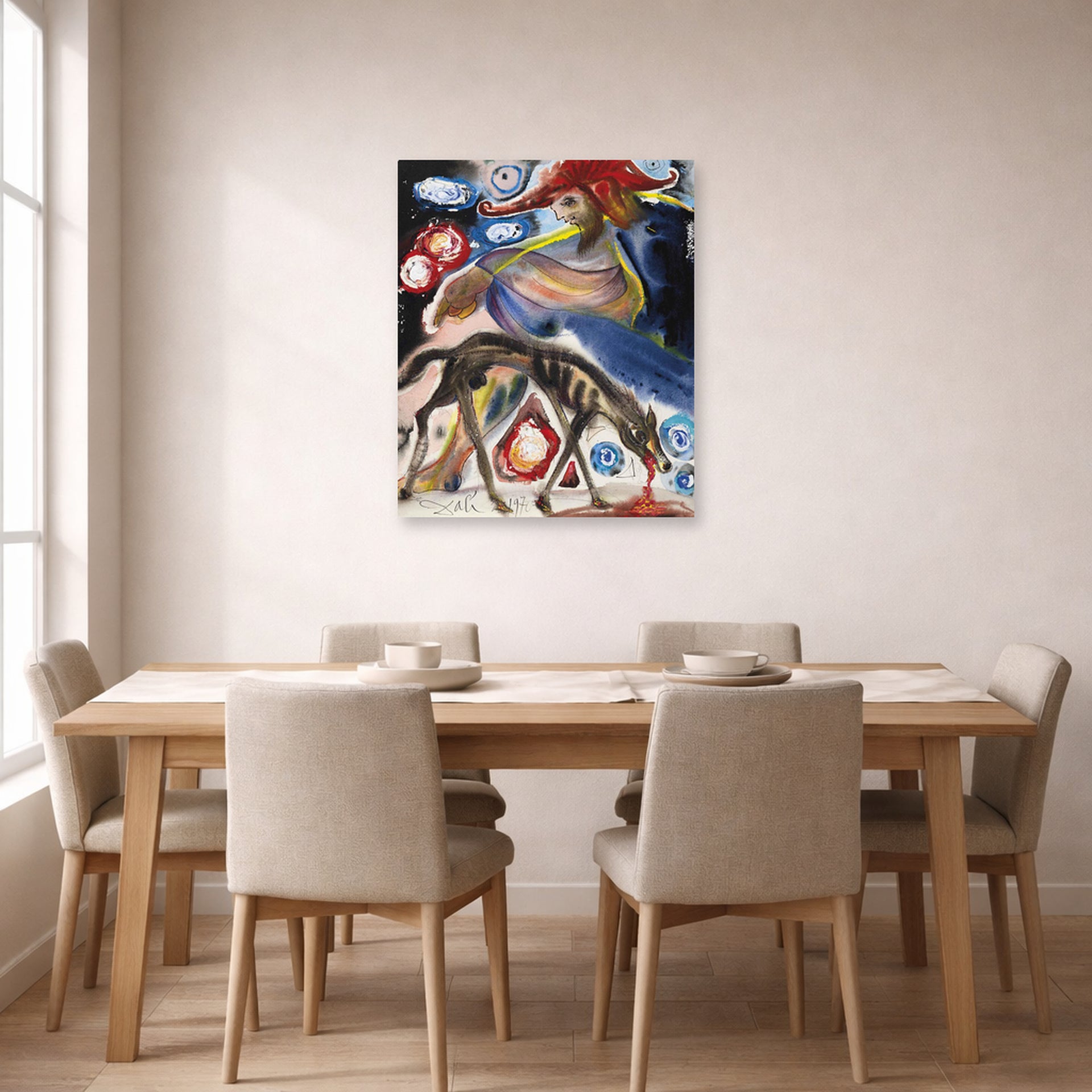 Unframed poster print of Salvador Dali's Argos displayed on a wall in a dining room